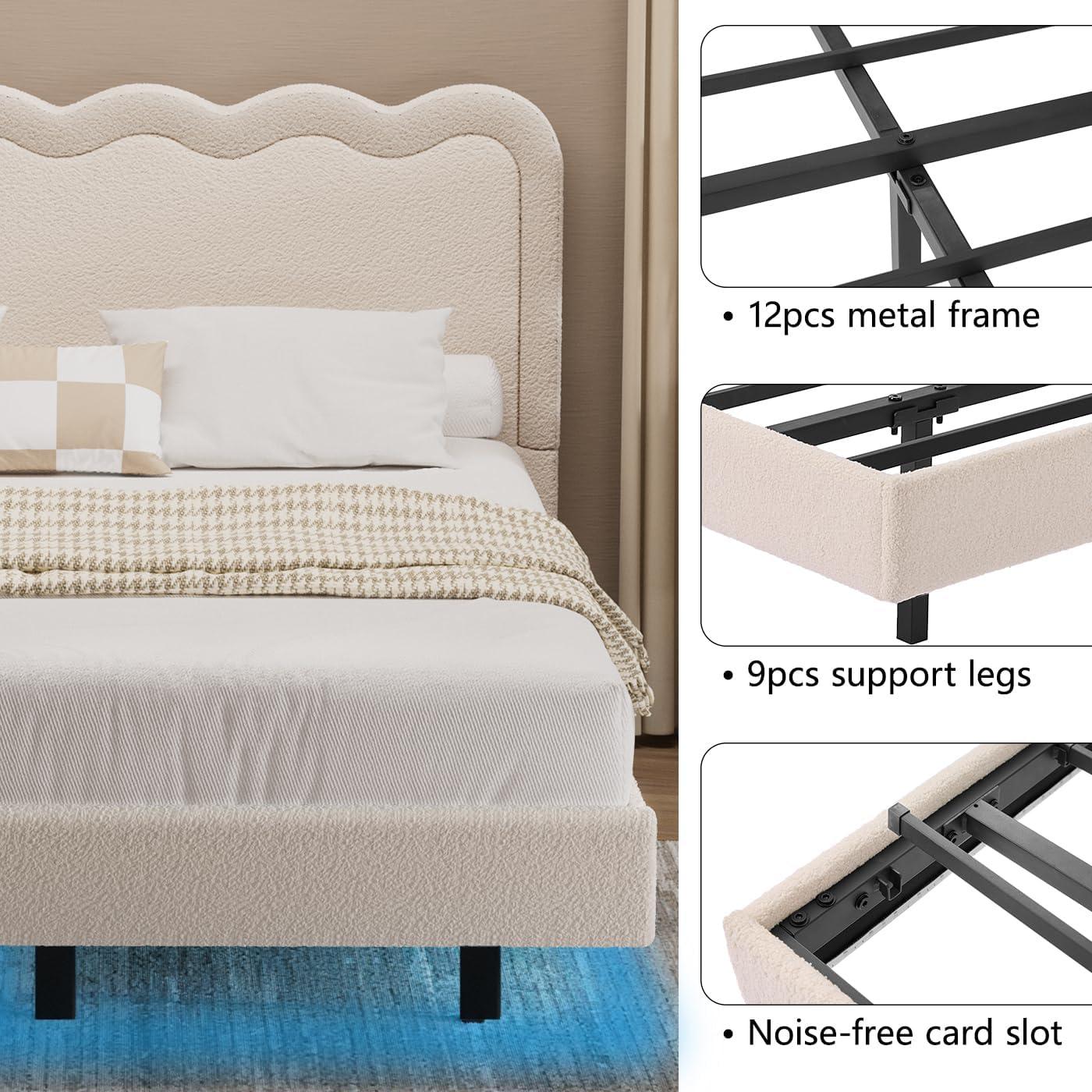 Queen Size Boucle Bed Frame, Upholstered Cloud Bed Frame with Adjustable Headboard, Soft Rounded Corners, No Box Spring Required, Easy Assembly, Black