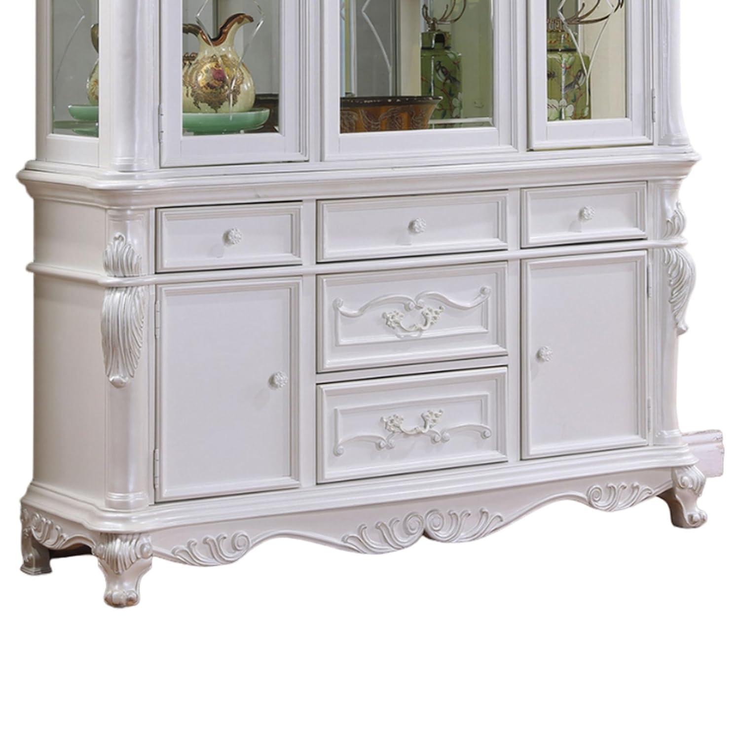Benjara Zenie Buffet Cabinet and Hutch, Classic Carved Details, White Solid Wood