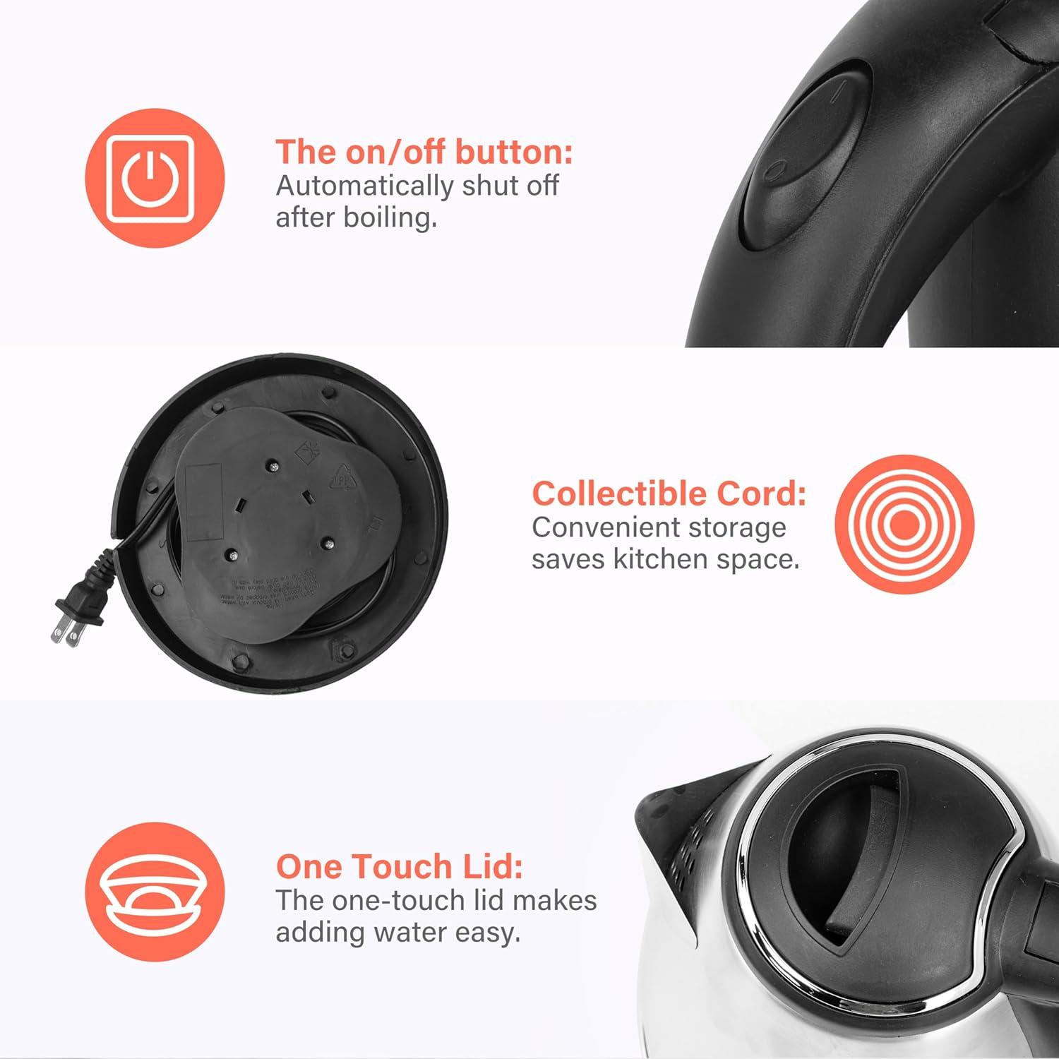 Stainless Steel Electric Tea Kettle, Electric Kettles for Boiling Water, 1.8L Electric Kettle, Cordless Water Boiler with 360 Degree Rotational Base, Automatic Shut Off, 1000W, Silver
