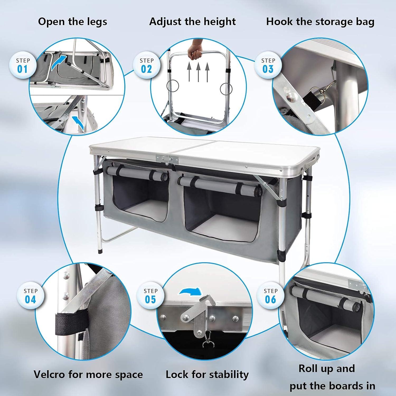 Adjustable Height Black and Gray Outdoor Folding Table with Storage