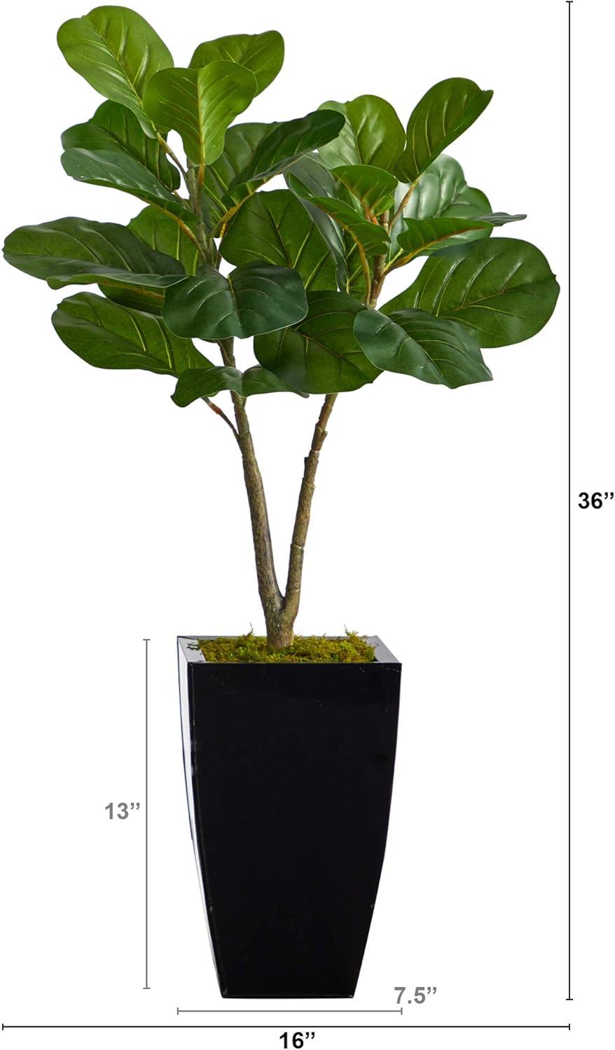 Nearly Natural 3-ft Fiddle Leaf Fig Artificial Tree in Black Metal Planter