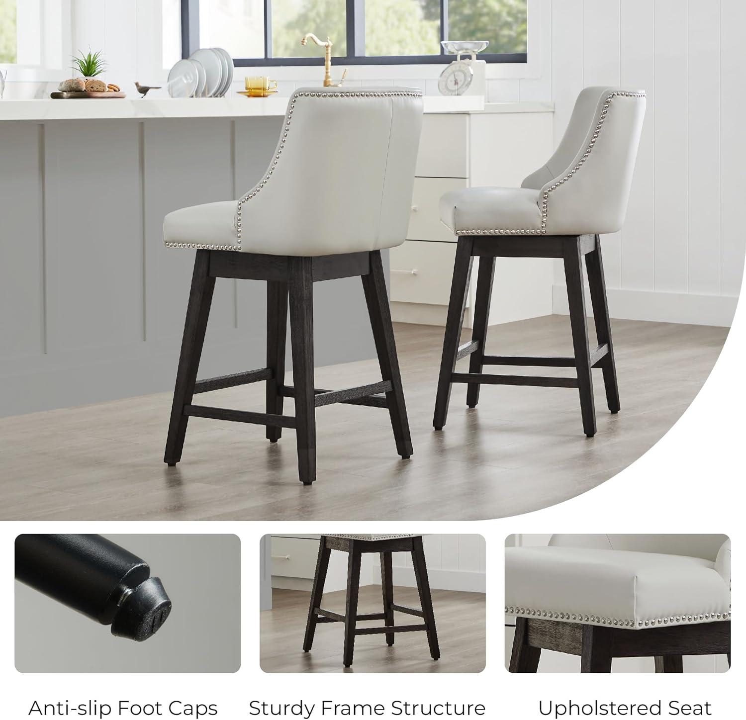 CHITA 26 inch Faux Leather Swivel Upholstered Counter Height Bar Stools with Full Back, Set of 2, Creamy Gray