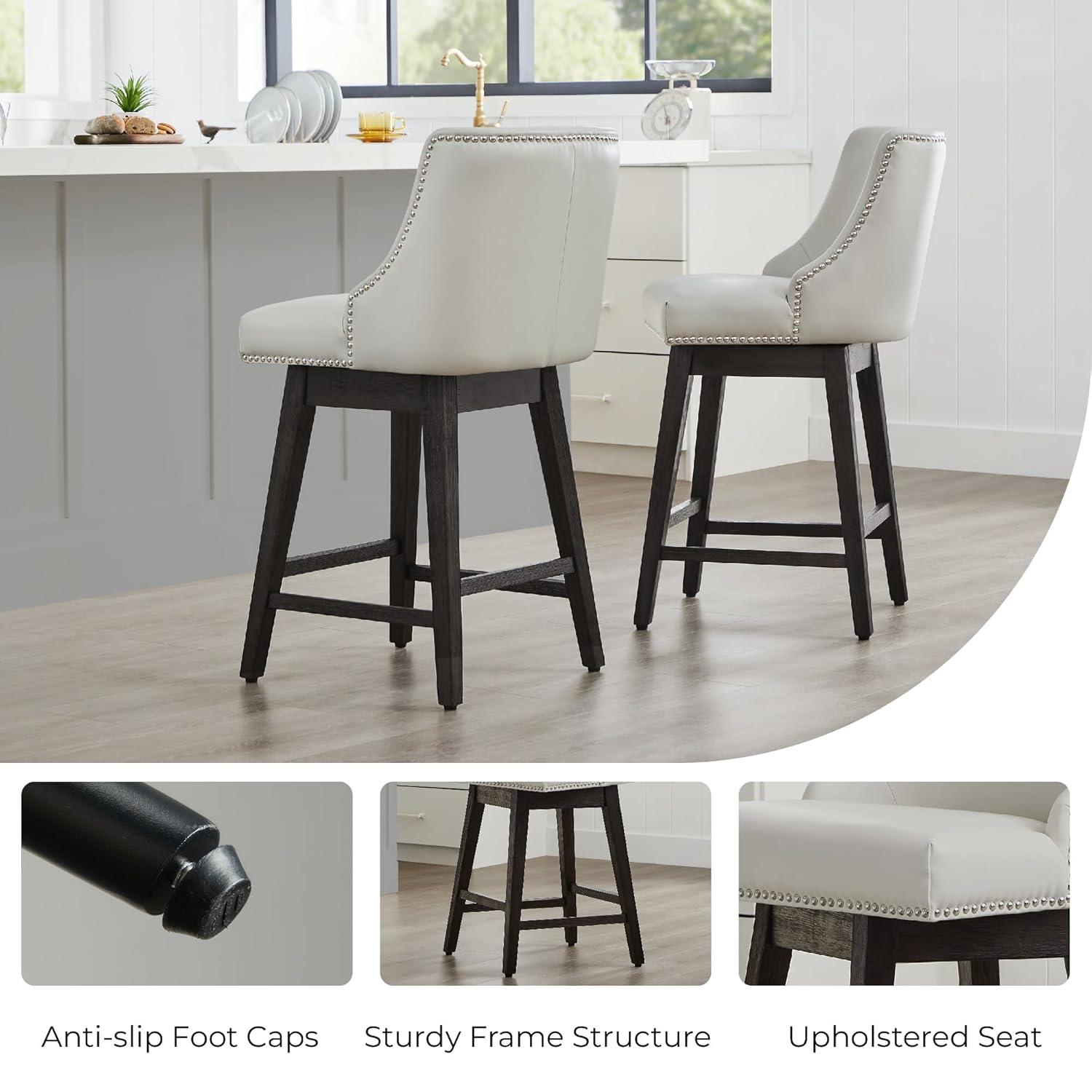 CHITA 26 inch Faux Leather Swivel Upholstered Counter Height Bar Stools with Full Back, Set of 2, Creamy Gray