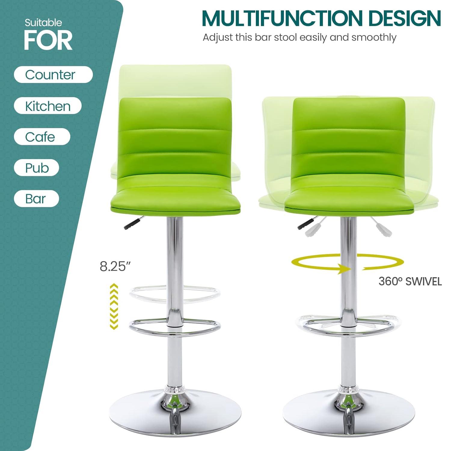 Flash Furniture Modern Green Vinyl Adjustable Bar Stool with Back, Counter Height Swivel Stool with Chrome Pedestal Base