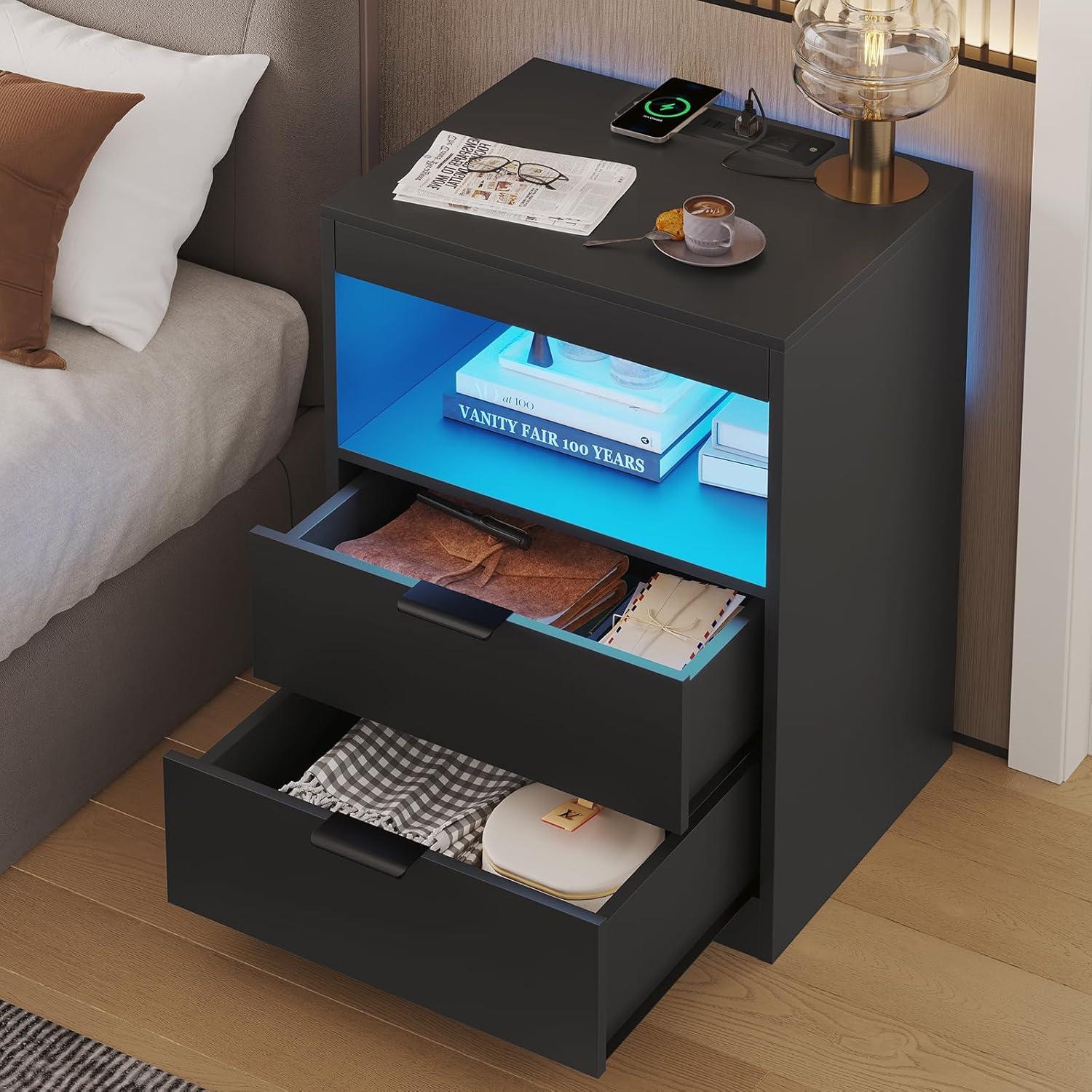 Exlonjet Black Nightstand with Wireless Charging Station and LED Lights, Bedside Table with 2 Drawers, Open Storage, 1 Pull-Out Tray, End Side Table with Charging Station, LED Night Stand with Storage