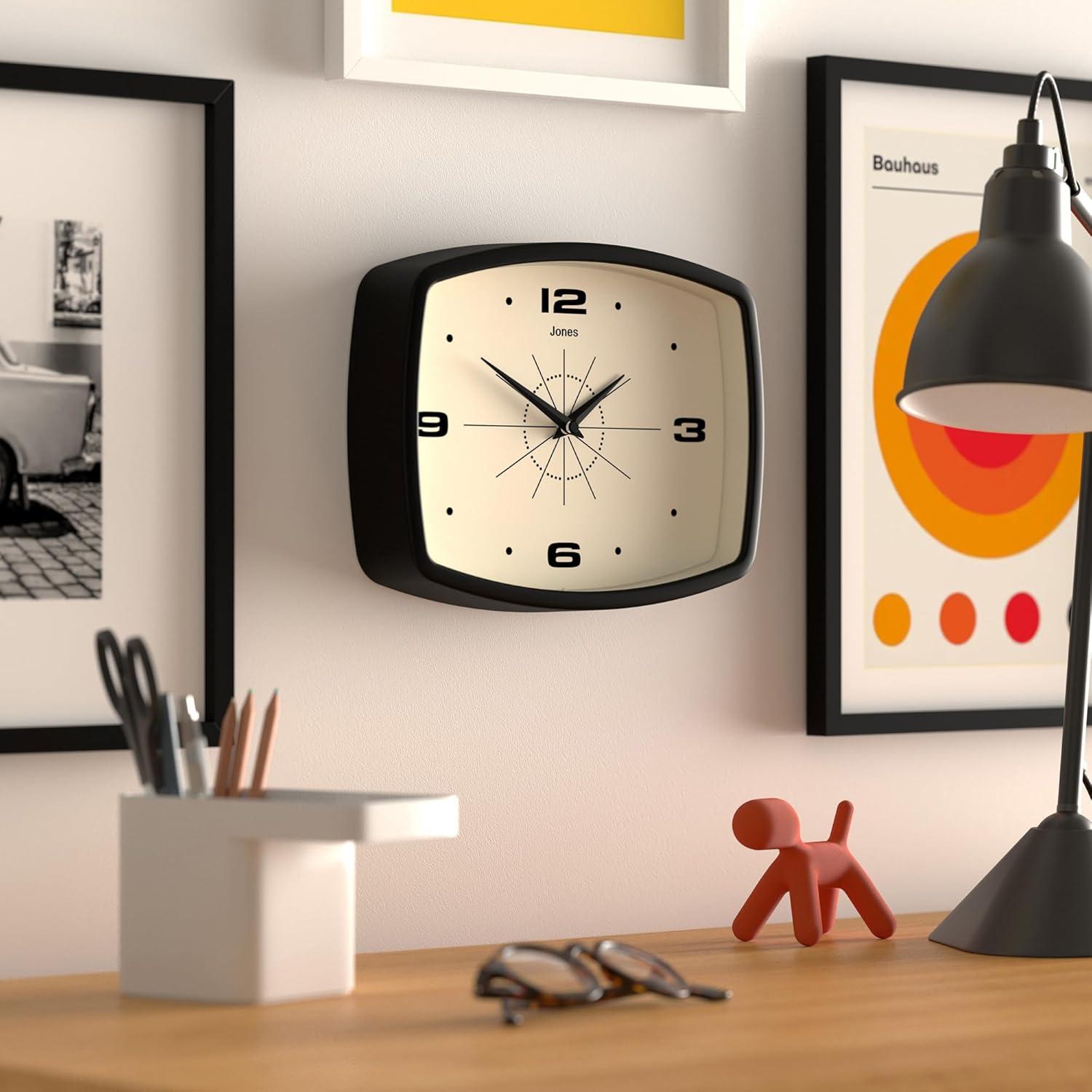 JONES CLOCKS® Movie Wall Clock | Retro Rectangular Clock | 10 inch | Black | Cool Designer Look for Kitchen, Living Room or Office