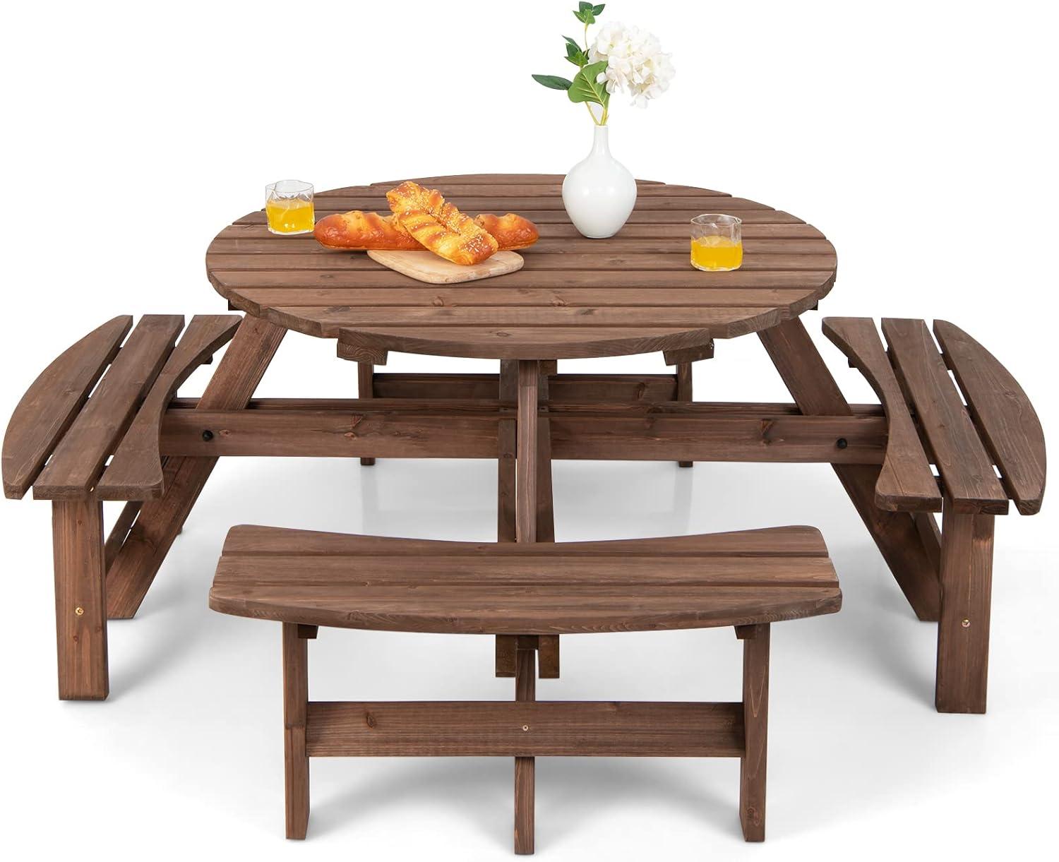 70" Brown Wooden Round Picnic Table with Built-In Benches