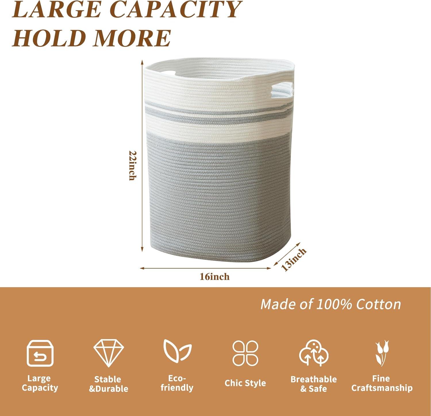 Casaphoria Woven Rope Laundry Hamper, Bin for Living Room, Storage Basket, Blanket Container, Dirty Clothes Hamper 16x13x22in - Light Gray