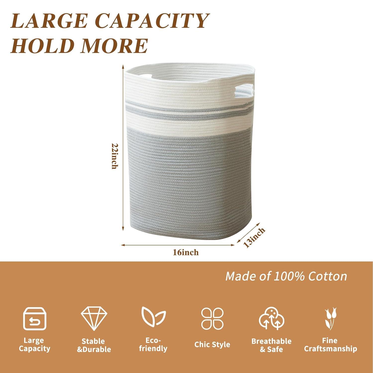 Casaphoria Woven Rope Laundry Hamper, Bin for Living Room, Storage Basket, Blanket Container, Dirty Clothes Hamper 16x13x22in - Light Gray