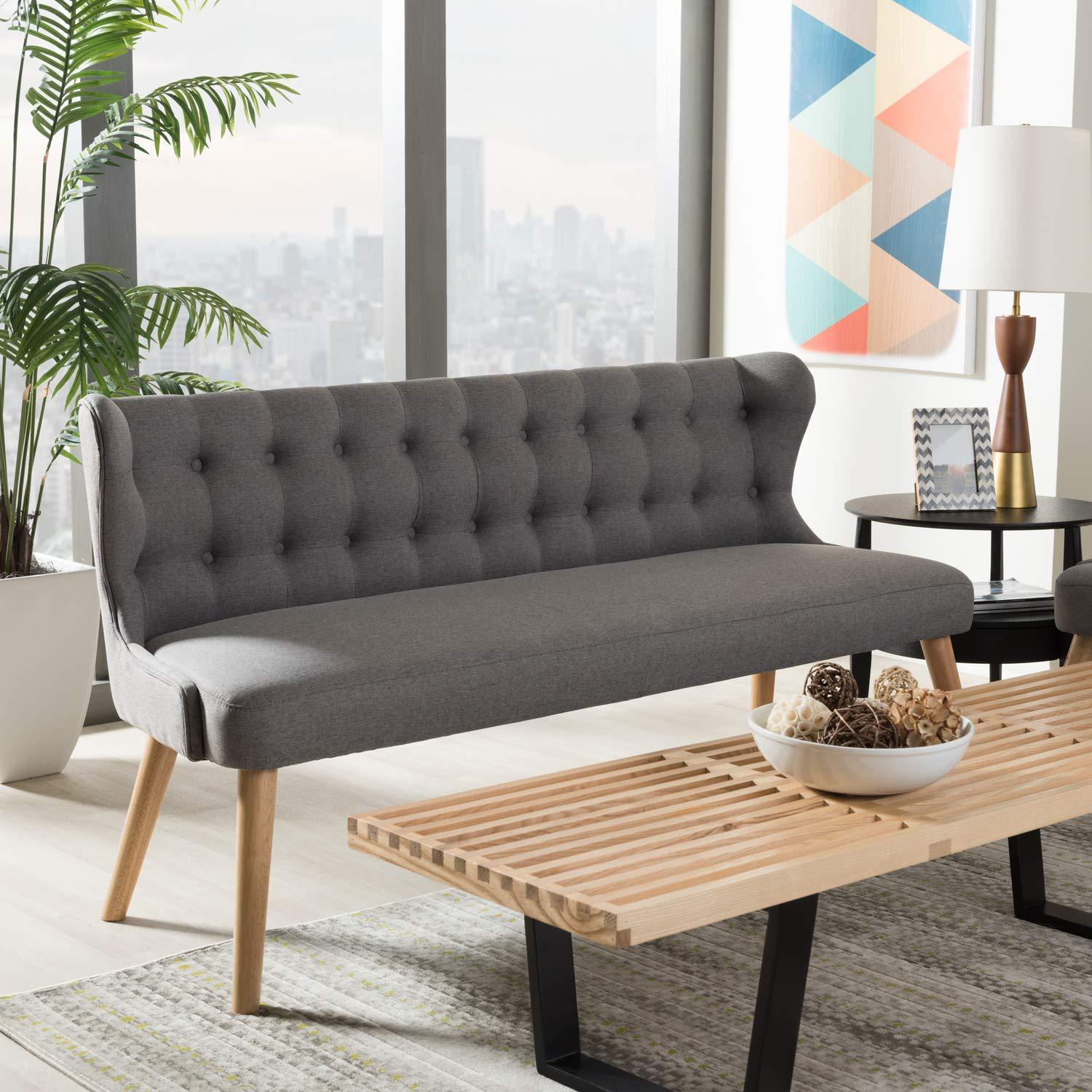 Melody Mid-Century Modern Fabric and Natural Wood Finishing 3 Seater Settee Bench Gray - Baxton Studio: Rubberwood Legs, Button-Tufted Back