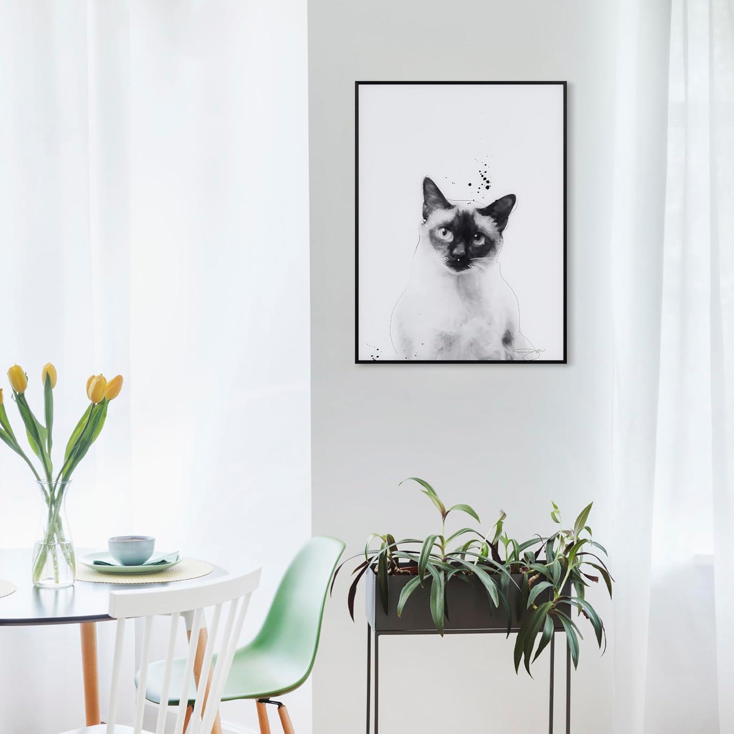 "Siamese" Black and White Pet Portraits on Reverse Printed Art Glass, Minimally Encased on Black Anodized Aluminum Frame