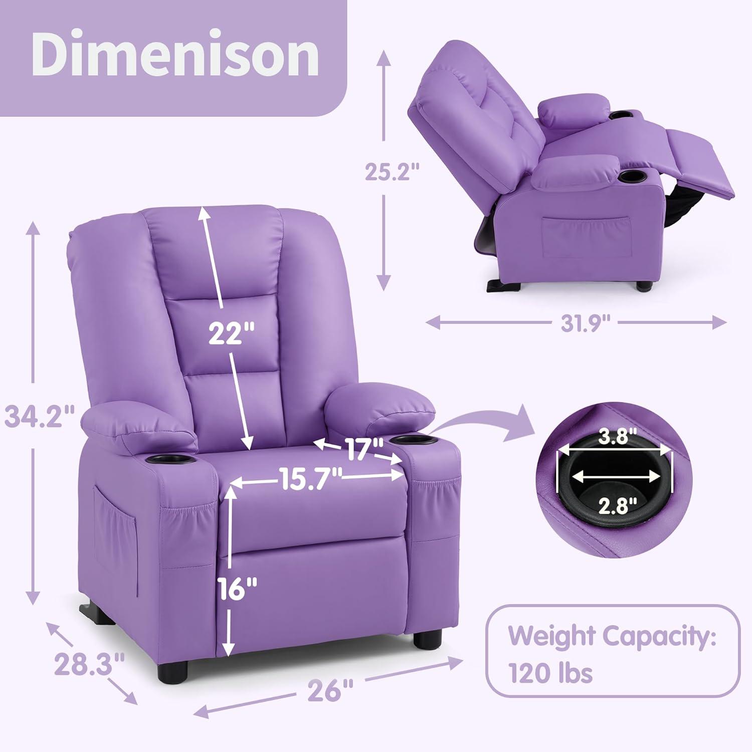 MCombo Big Kids Recliner Chair with Cup Holders for Toddler Boys and Girls, 2 Side Pockets, 3+ Age Group, Faux Leather 7322 Violet