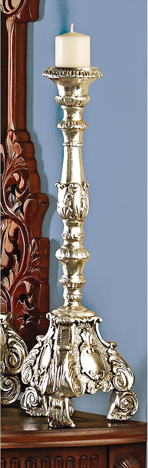 Elegant Baroque Scroll-Footed Silver Leaf Resin Candlesticks, Set of 2