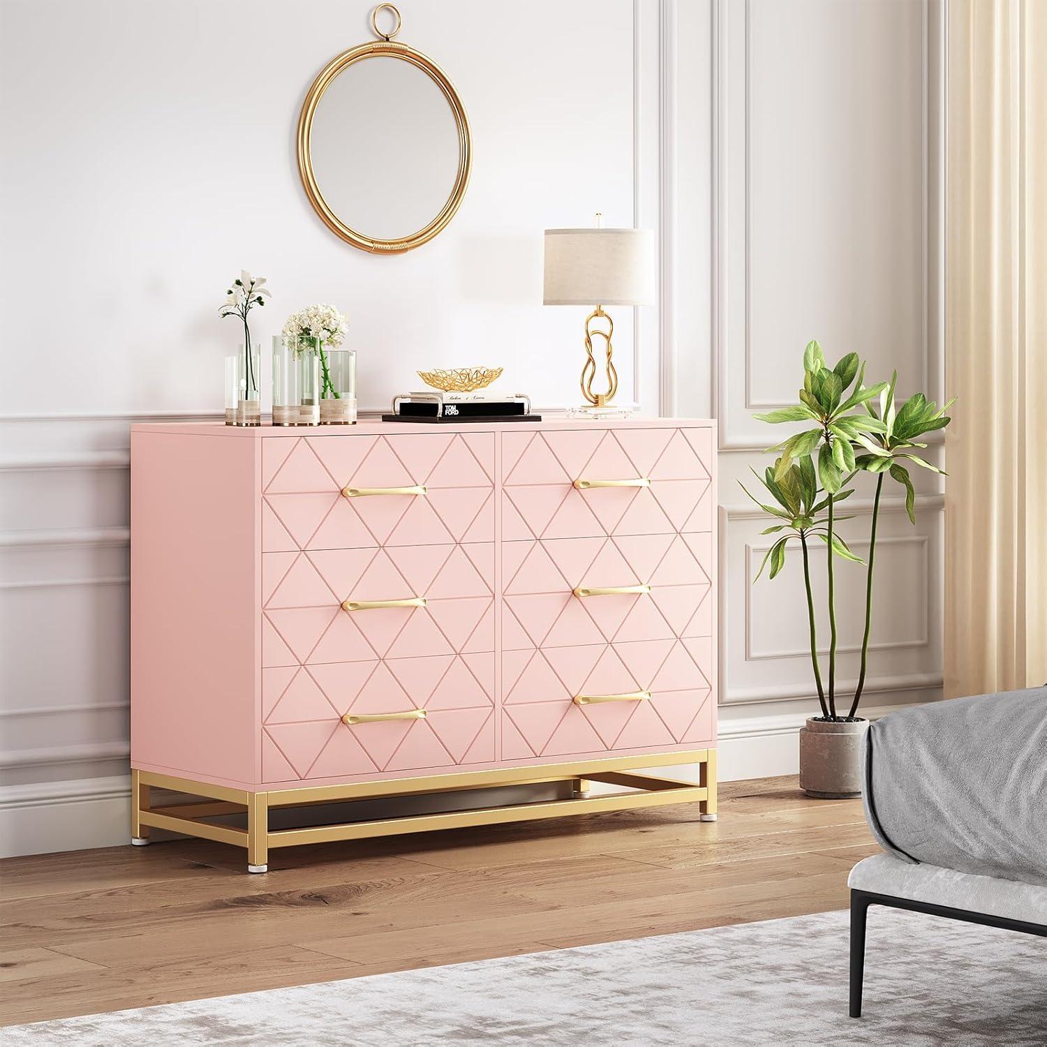 KATIDAP Bedroom Dresser with 6 Drawers, Wooden Dresser for Entryway, Wide Storage Cabinet for Living Room, Pink