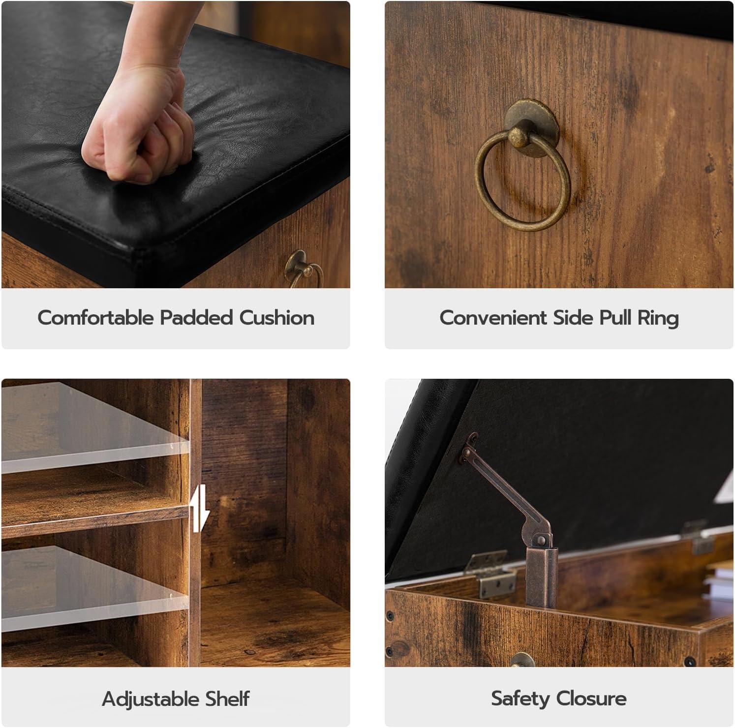 Shoe Storage Bench with Padded Cushion, Entryway Bench with Flip-Open Storage Box and Adjustable Shelf, Shoe Rack with Hidden Compartment, for Entryway, Living Room, Rustic Brown BF40HX01