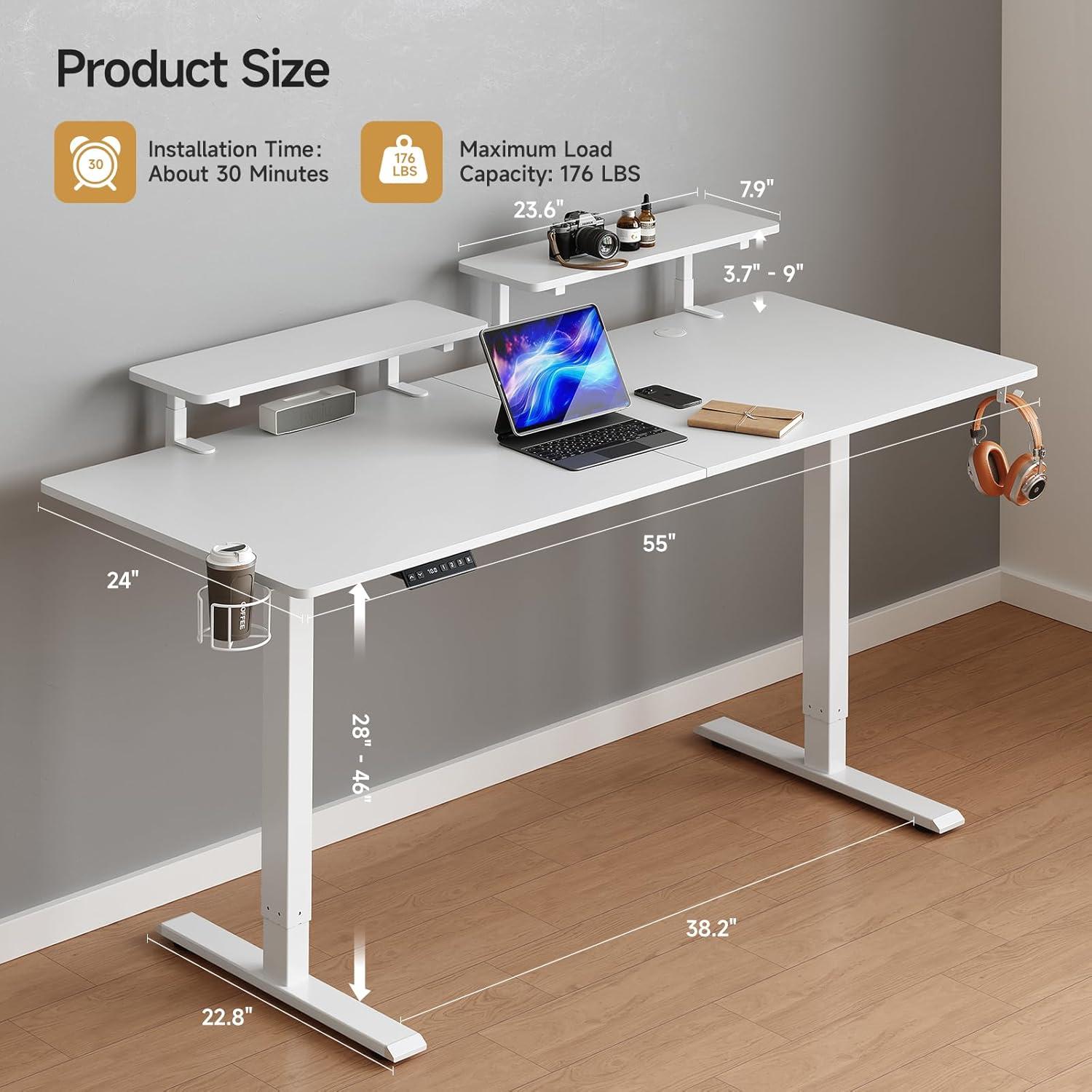 White Electric Standing Desk with Dual Adjustable Monitor Shelves