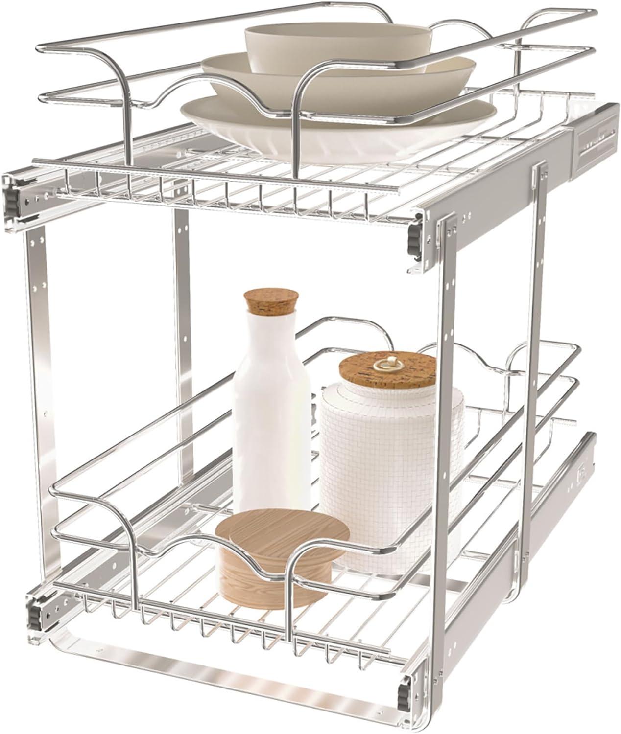 Rev-A-Shelf 5WB2 2-Tier Wire Basket Pull Out Shelf Storage for Kitchen Base Cabinet Organization, Chrome