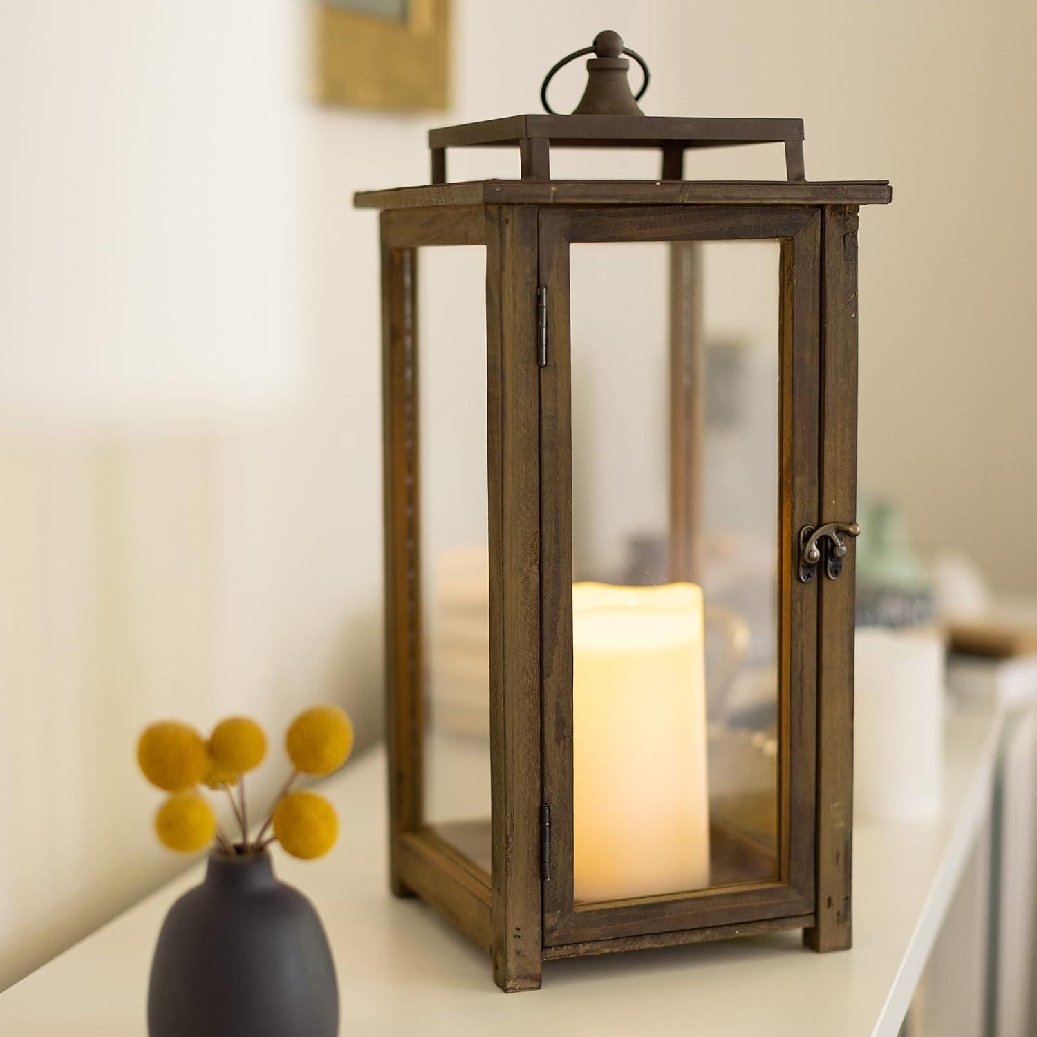 Stonebriar Decorative Rustic Wooden Candle Lantern with Handle and Hinged Door, Large, Brown