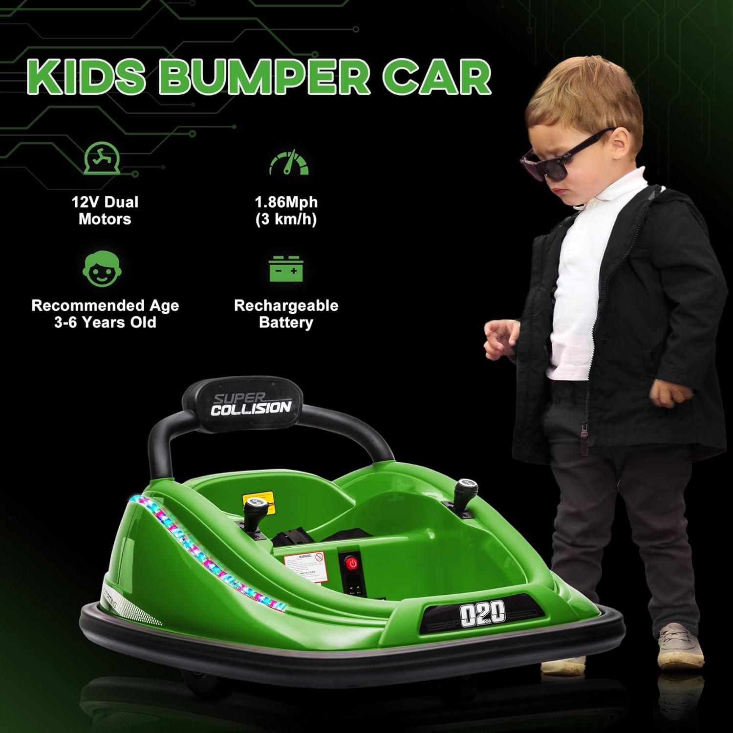 Aosom 12V Kids Bumper Car, 360° Rotation Electric Ride On Car, Twins Motor w/ Parent Remote Control, Safety Belt, LED Lights, Green