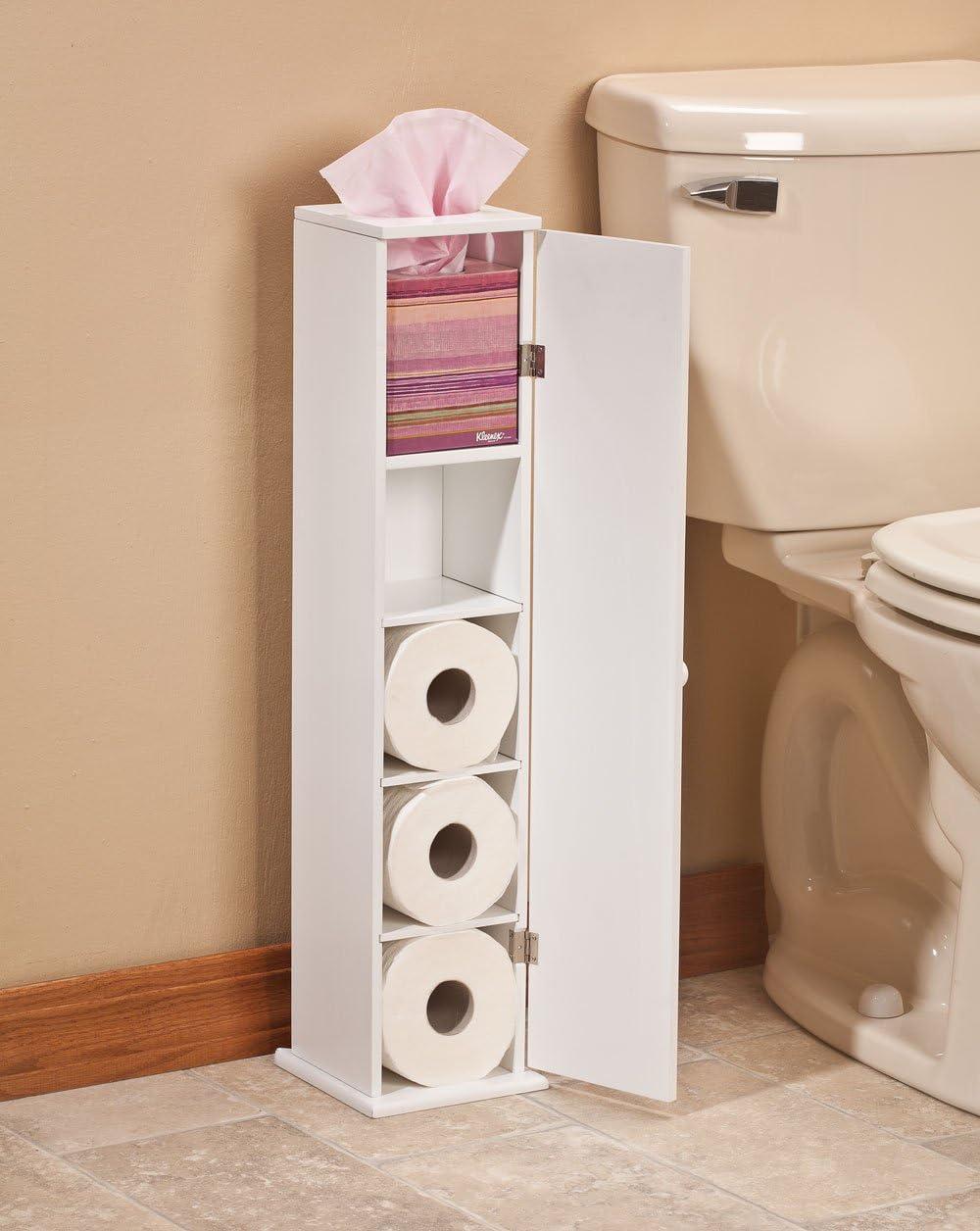 OakRidge Miles Kimball White Compact Toilet Tissue Storage Tower with 4 Shelves, 5.5" W x 27" H x 6.75" L – Holds Toilet Paper Rolls Up to 4.25" Diameter, Top Slot Provides Access to Facial Tissues