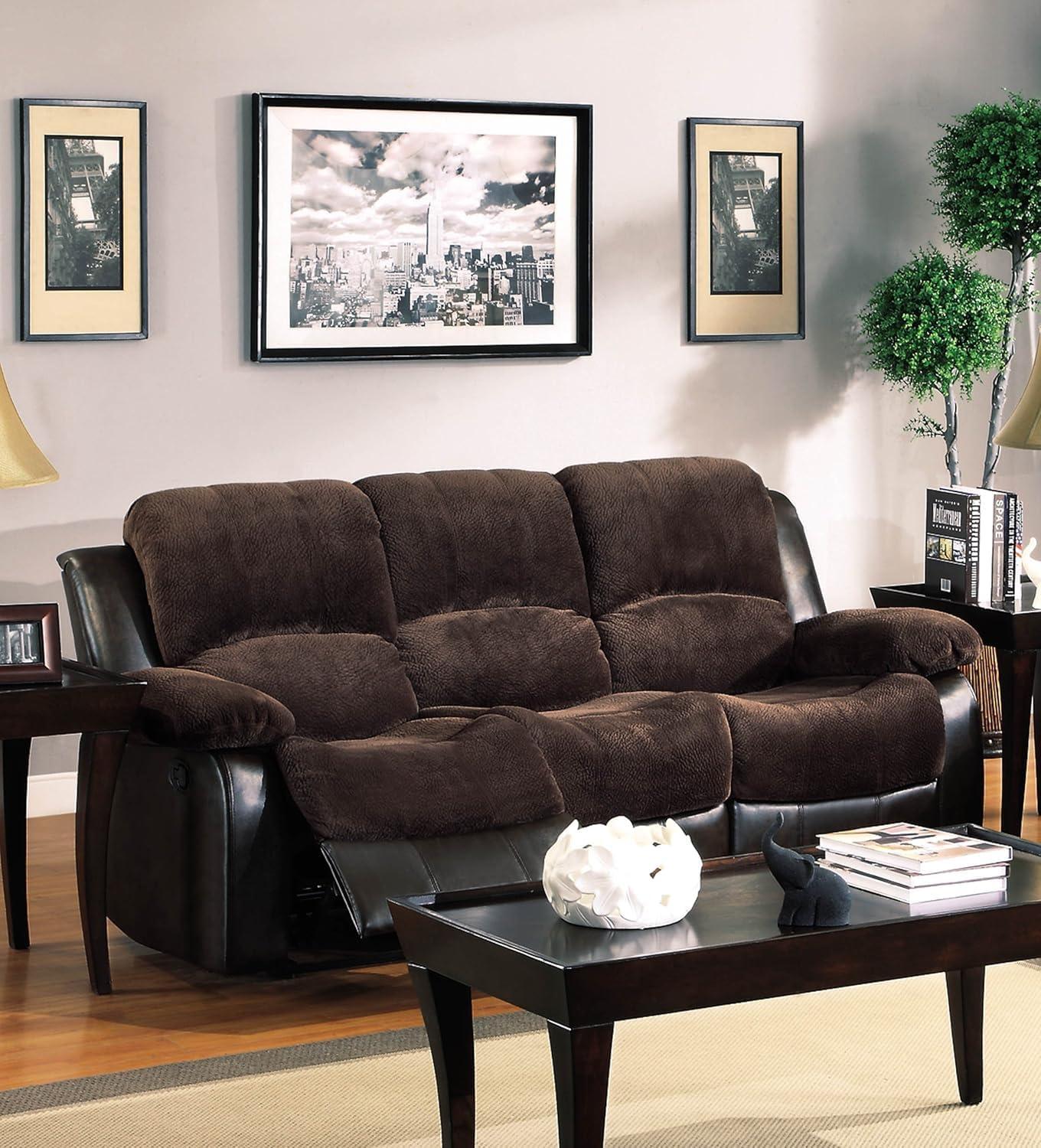 Chocolate Tufted Faux Leather Reclining Sofa with Pillow Back