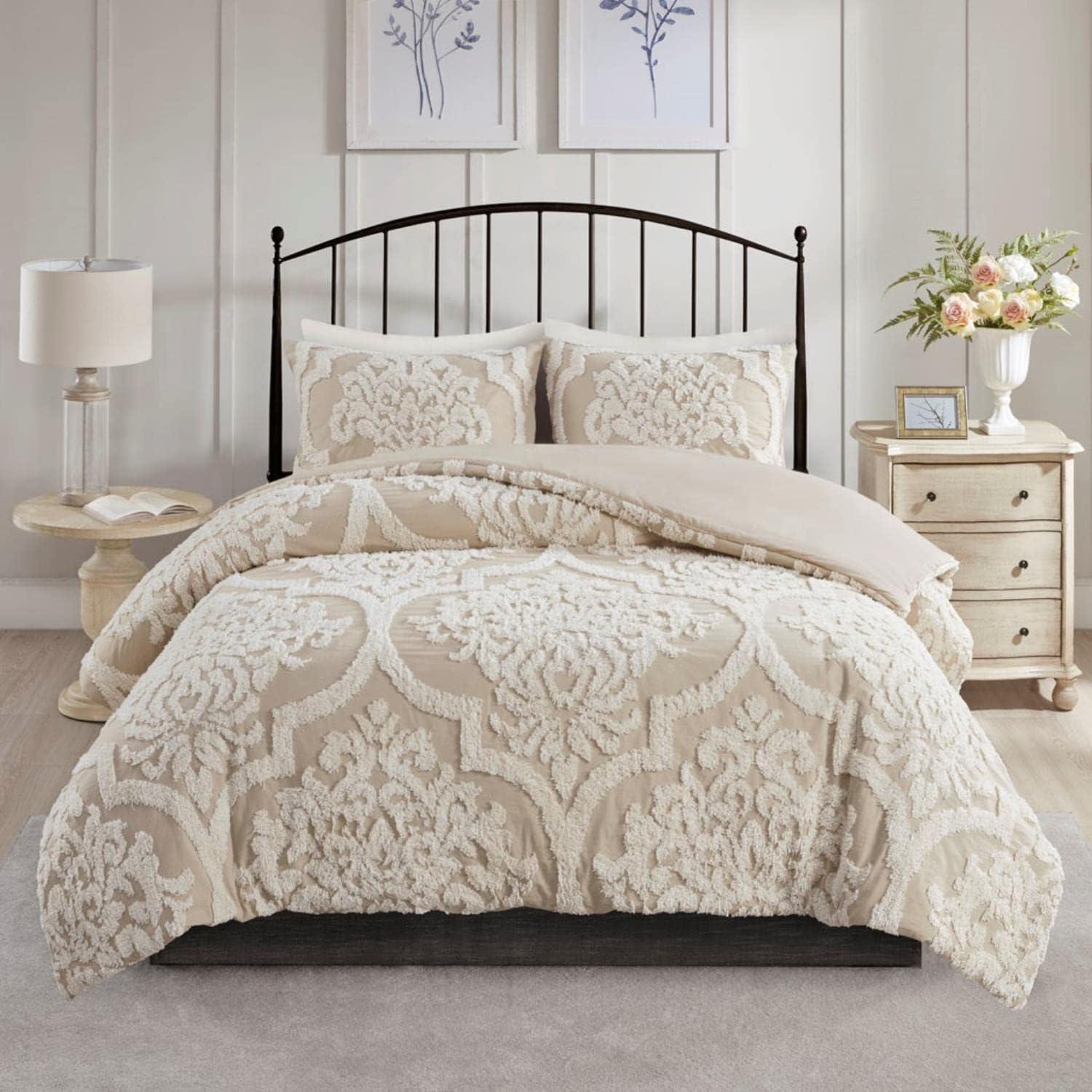 Viola Tufted Cotton Chenille Damask 3 Piece Comforter Set