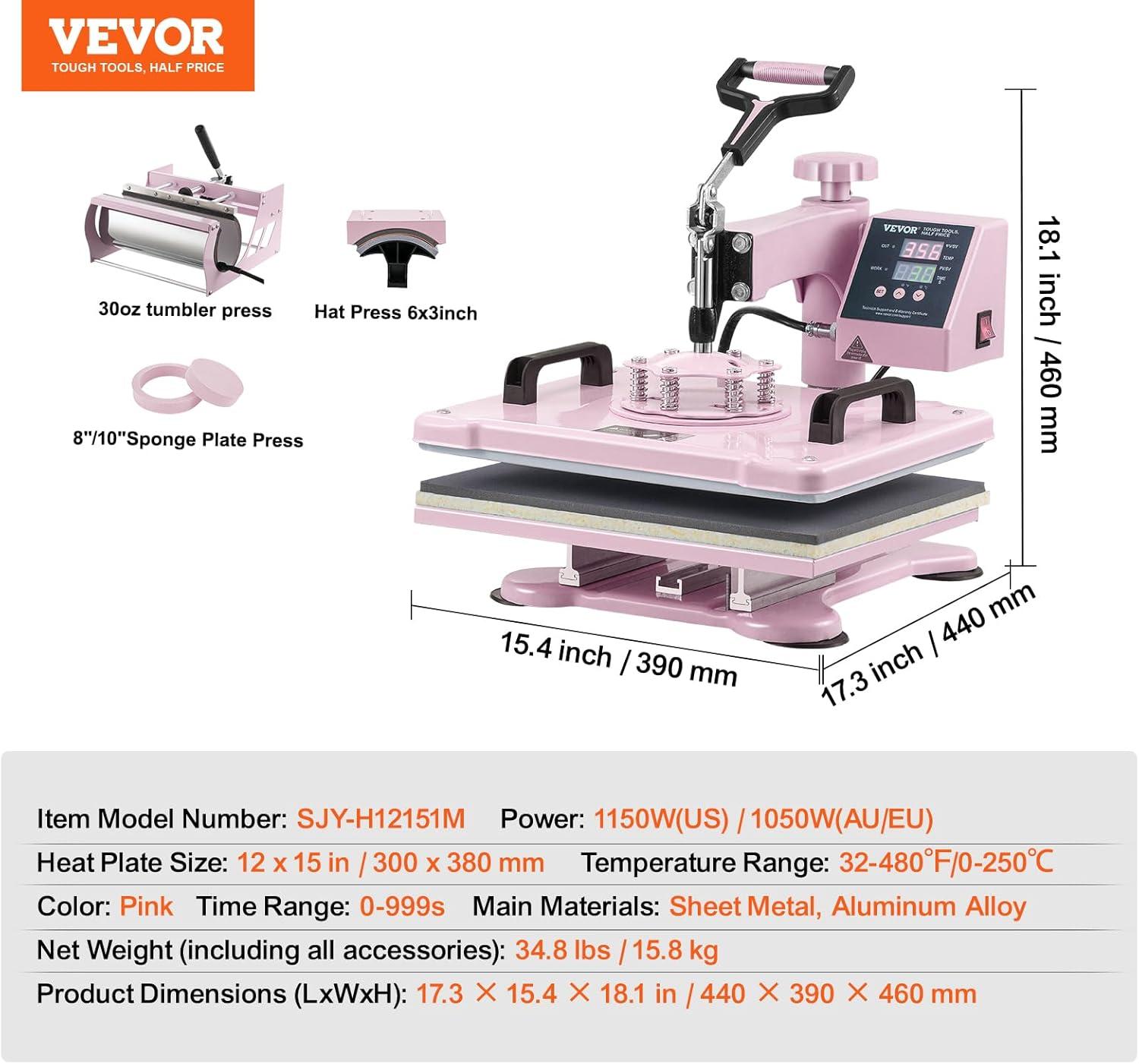 VEVOR Heat Press Machine 15x15 inch, Heat Press Machine for T-Shirts, 5 in 1 Heat Press with 30 OZ Tumbler Press, Combo Tumbler Heat Press Machine Sublimation for Hat Cap Mug Plate, Pink