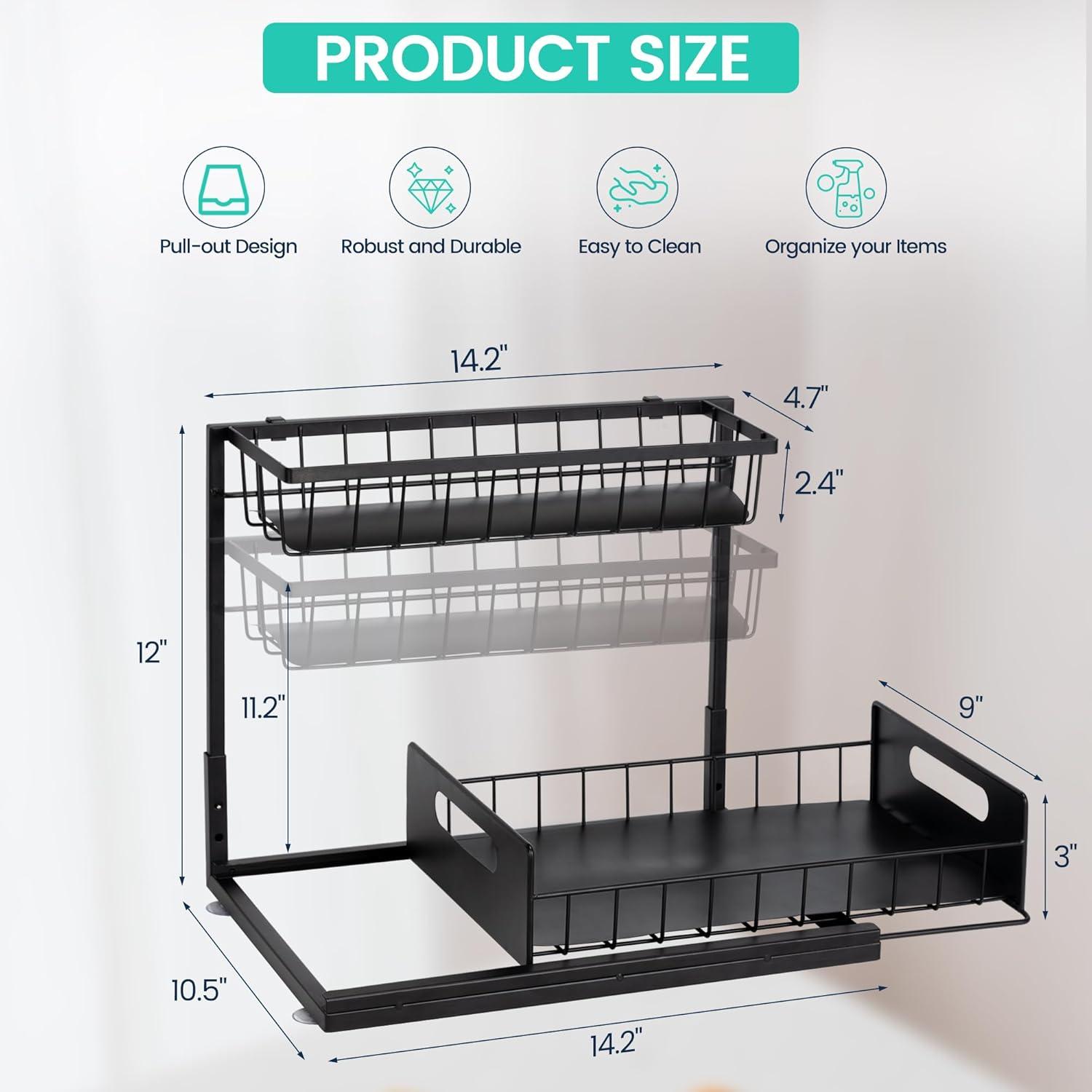 Under Sink Organizers and Storage, 2 Pack Pull Out Kitchen Bathroom Cabinet Organizer, 2 Tier Black Under Sink Storage for Bathroom Kitchen, Under Counter Storage Organizer with 8 Hooks