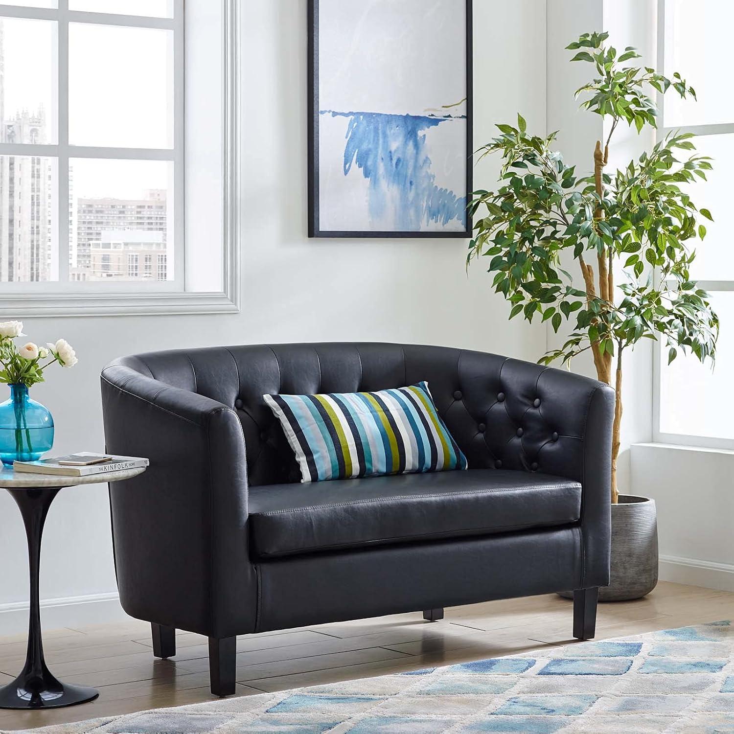 Classic Chesterfield Black Faux Leather Tufted Loveseat with Wood Legs