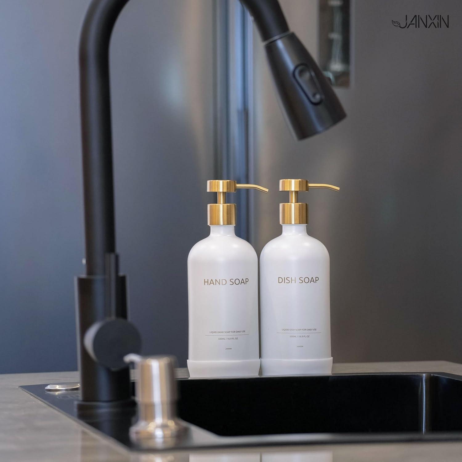 White and Gold Glass Soap Dispenser Set with Tray