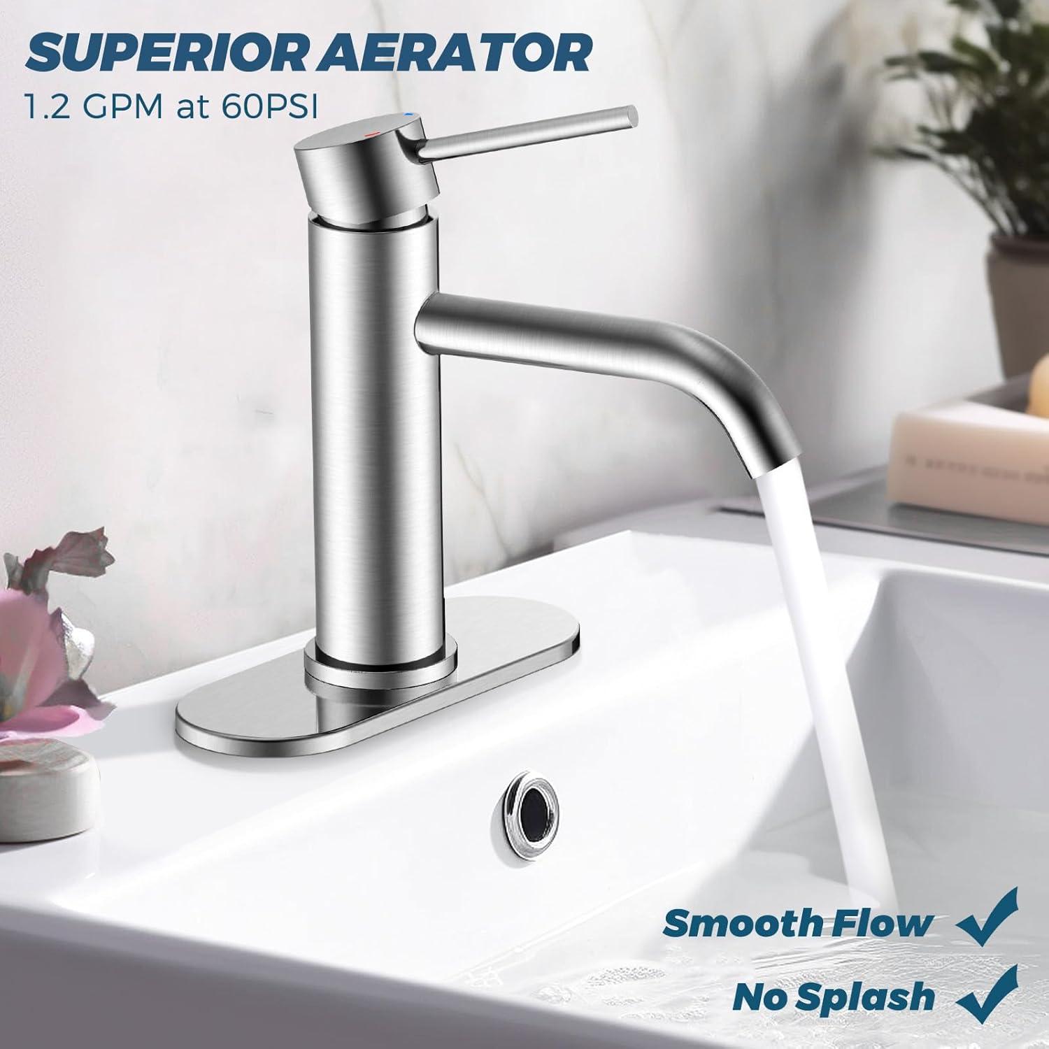 Single Handle Mid-Arc Bathroom Faucet with Deckplate and Pop-Up Drain in Brushed Nickel