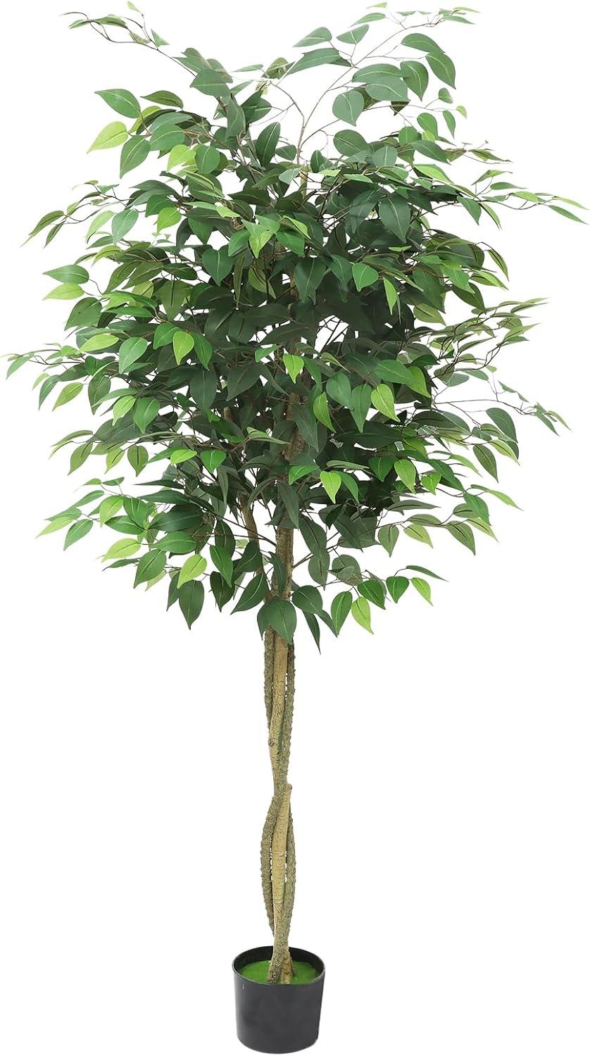 6FT Artificial Ficus Tree with Natural Wood Trunk and Lifelike Leaves, Silk Fake Potted Tree with Wood Branches, Faux Tree for Office Home Decor