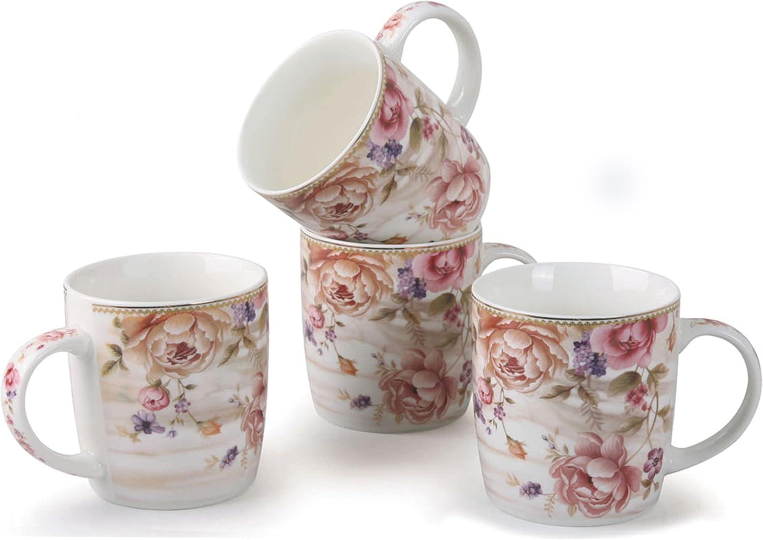 Set of 4 Pink Floral Ceramic Coffee Mugs