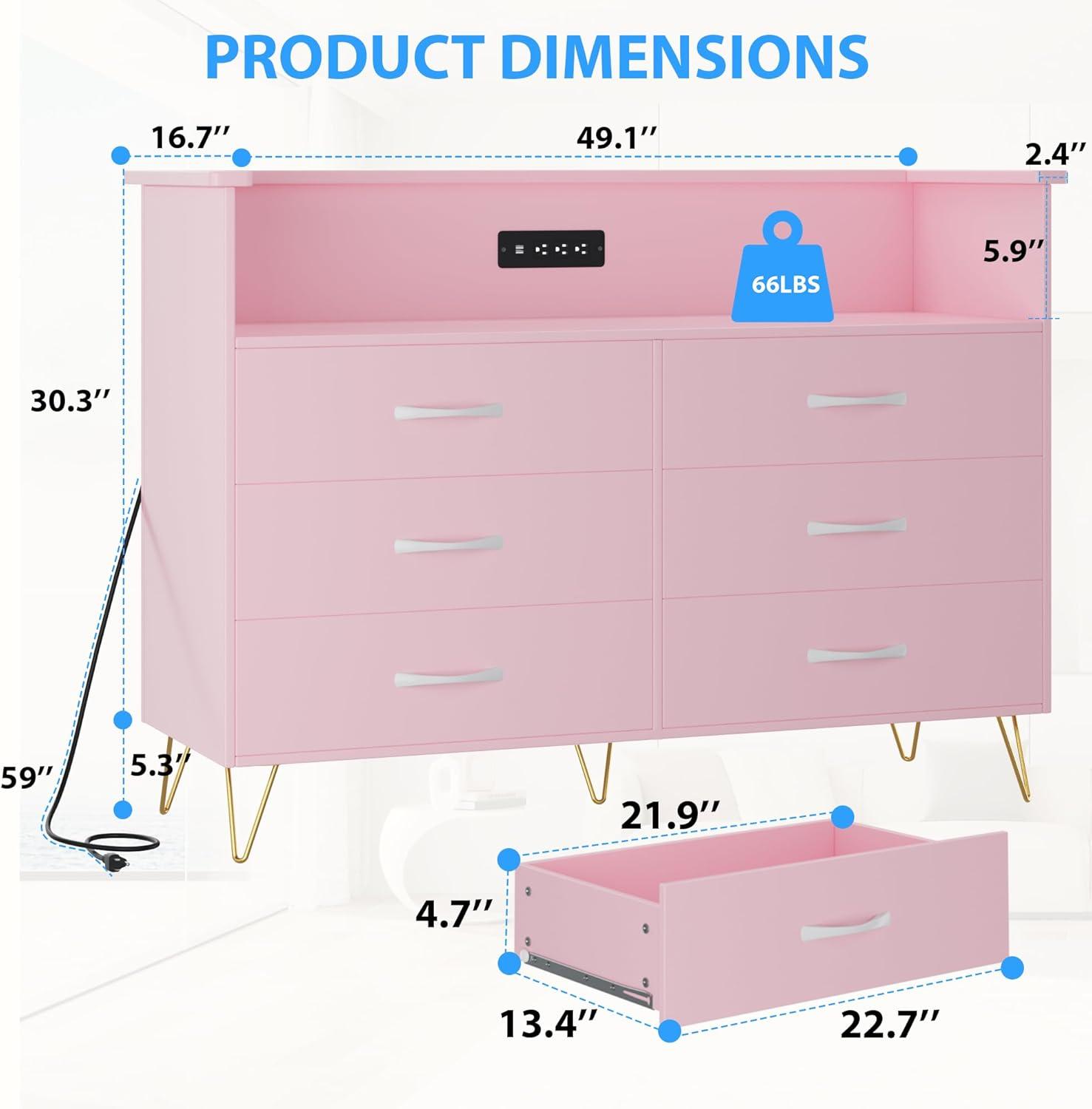 NEILA Dresser for Bedroom with Power Outlet & LED Light, 6 Wooden Drawers Dressers with 2-Tier Open Shelves, Modern Chest of Double Wide Drawers for Living Room, Entryway, Hallway TV Stand