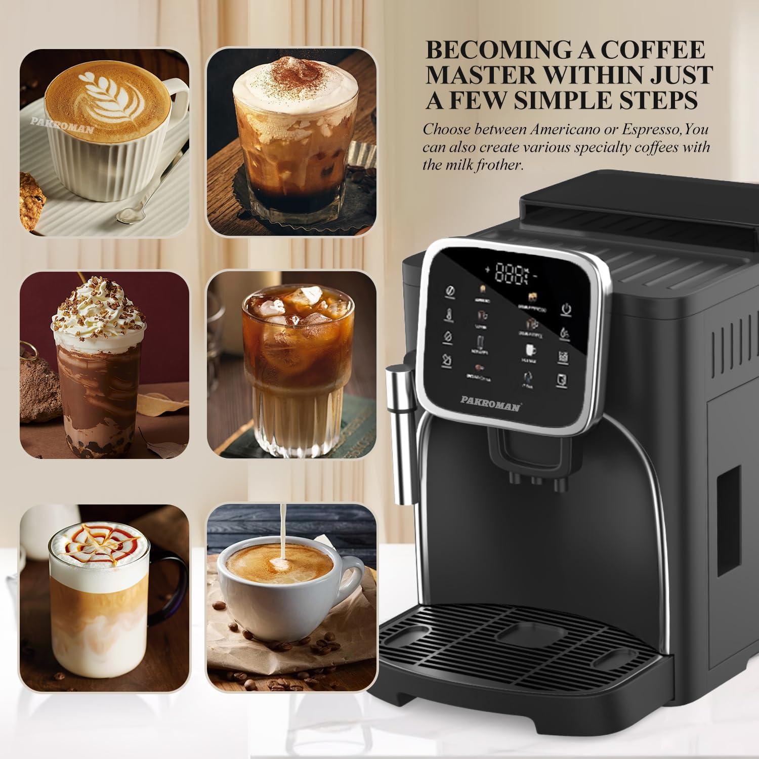 Pakroman Fully Automatic Espresso Machine Milk Frother+19 Bar Italian Ulka Touch Display+Burr Grinder