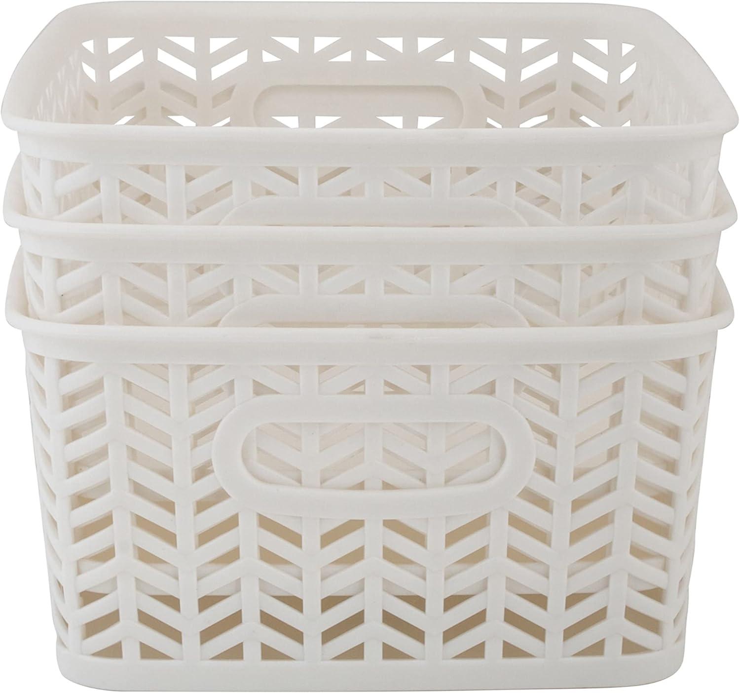 Simplify 3 Pack Small Herringbone Plastic Storage Basket with Handles in White