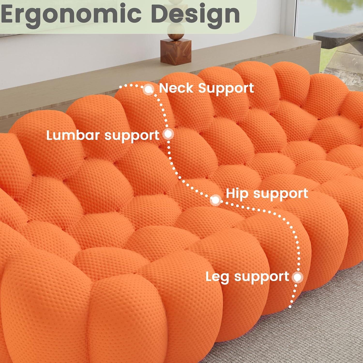 Bubble Couch, 98.43'' Modern 3-Seater Lazy Floor Couch, Memory Foam Bubble Round Sofa 3D Honeycomb Shape Curved Sofas for Living Room, Office, Apartment (Orange)