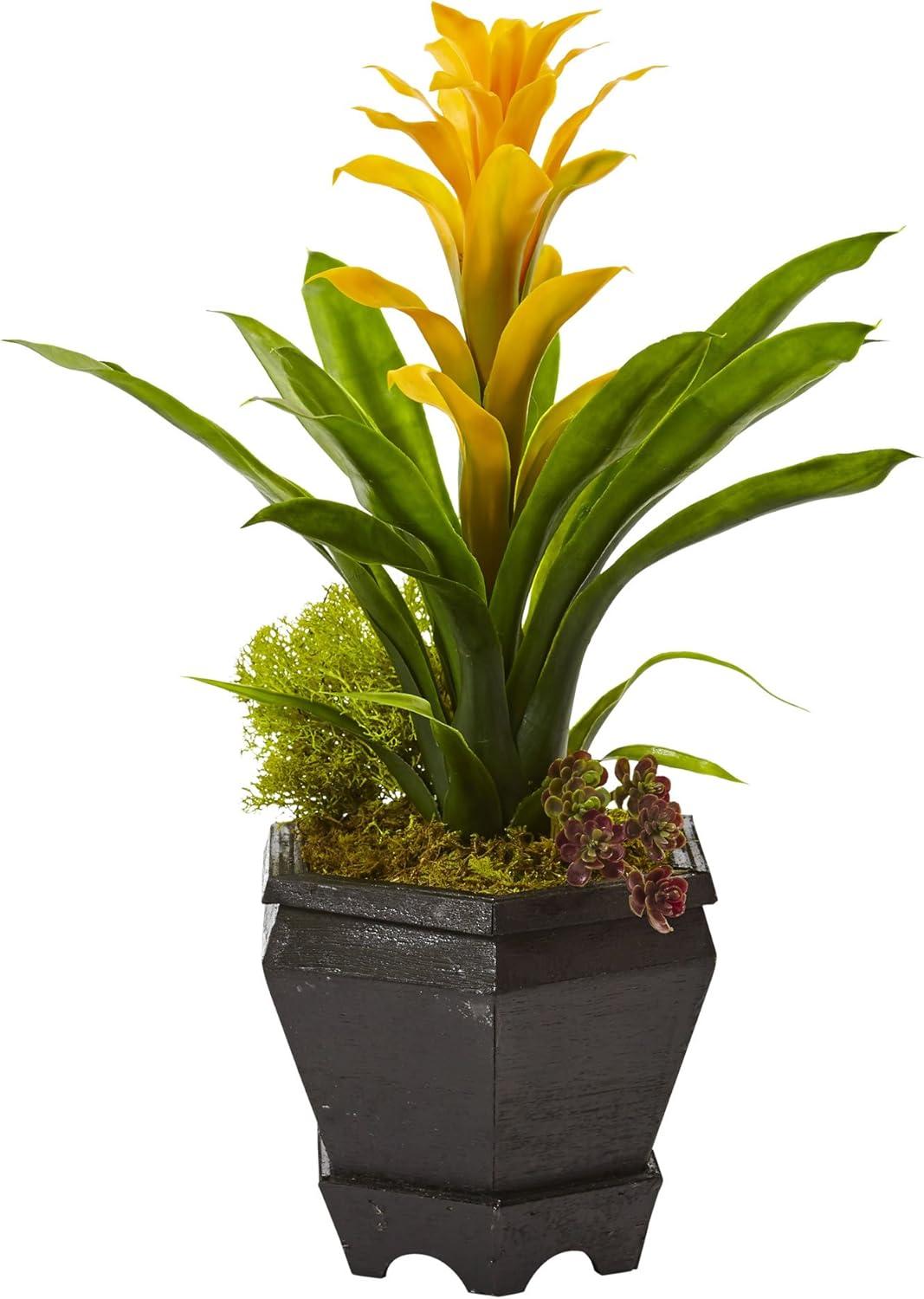 Yellow Bromeliad Faux Plant in Black Hexagon Planter