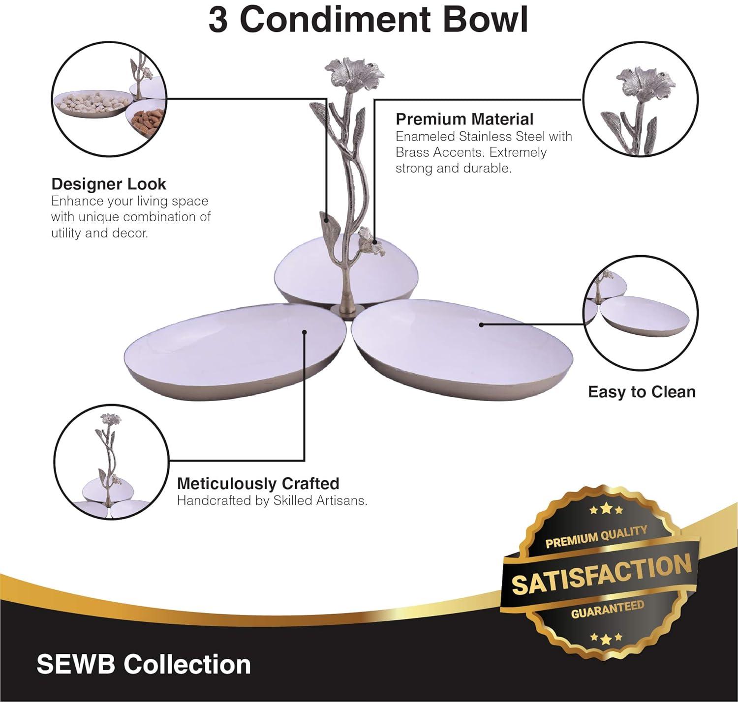 3 Bowl Condiment Server-White Condiment Server - Decorated Display Bowls-for Dining Table and Kitchen-with Rosemary Shaped Handle - 12 x 12 x 8 Inches