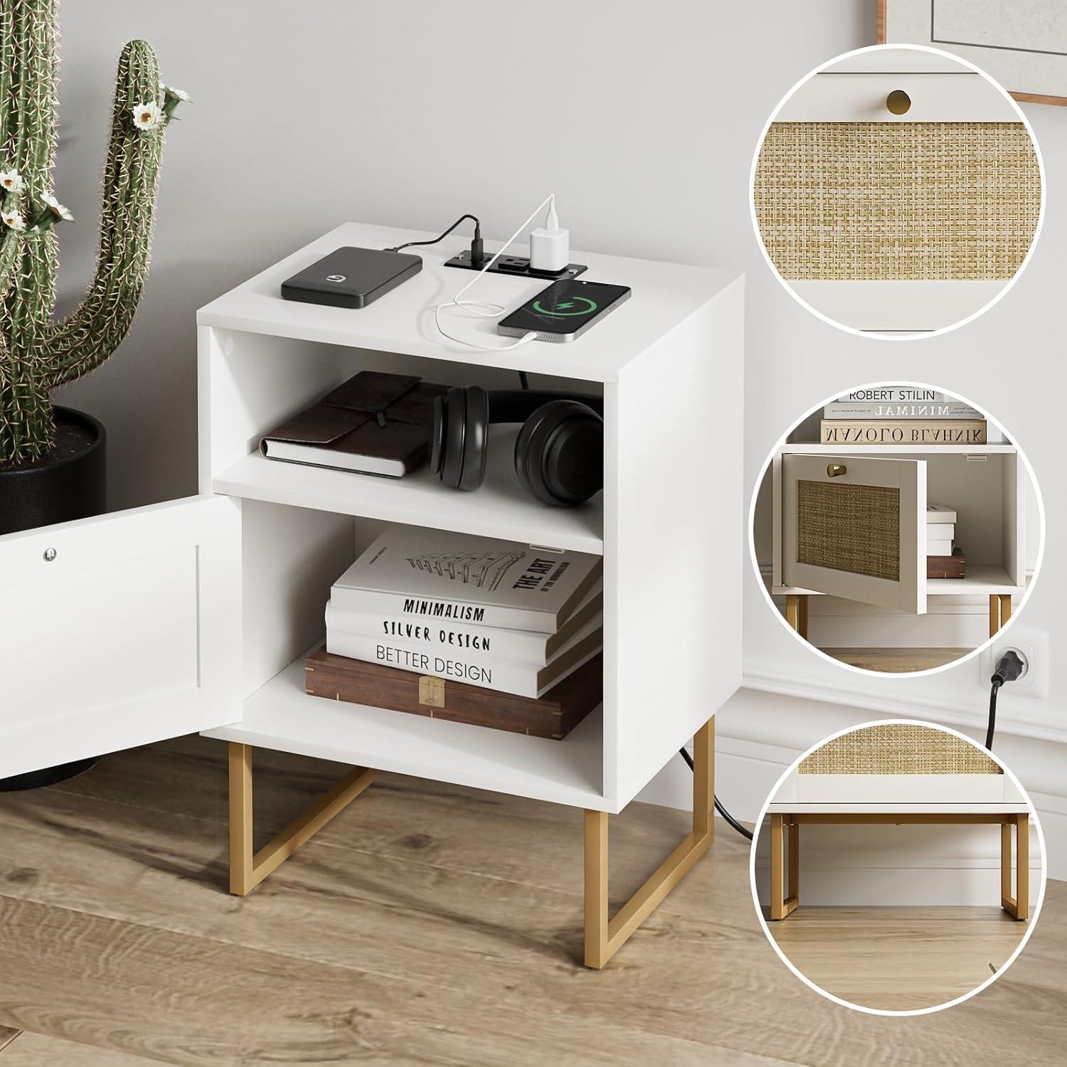 White and Gold Modern Rattan Nightstand with Drawer