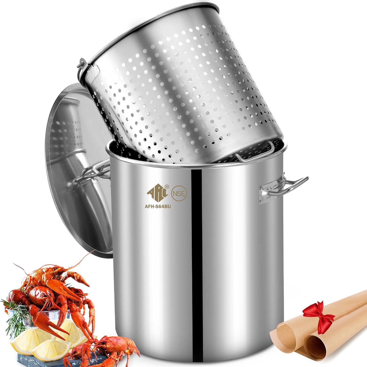 ARC 64QT-16 Gallon Professional Stainless Steel Stock Pot with Lid Turkey Fryer Backyard Pot Crawfish Pot with Strainer Basket