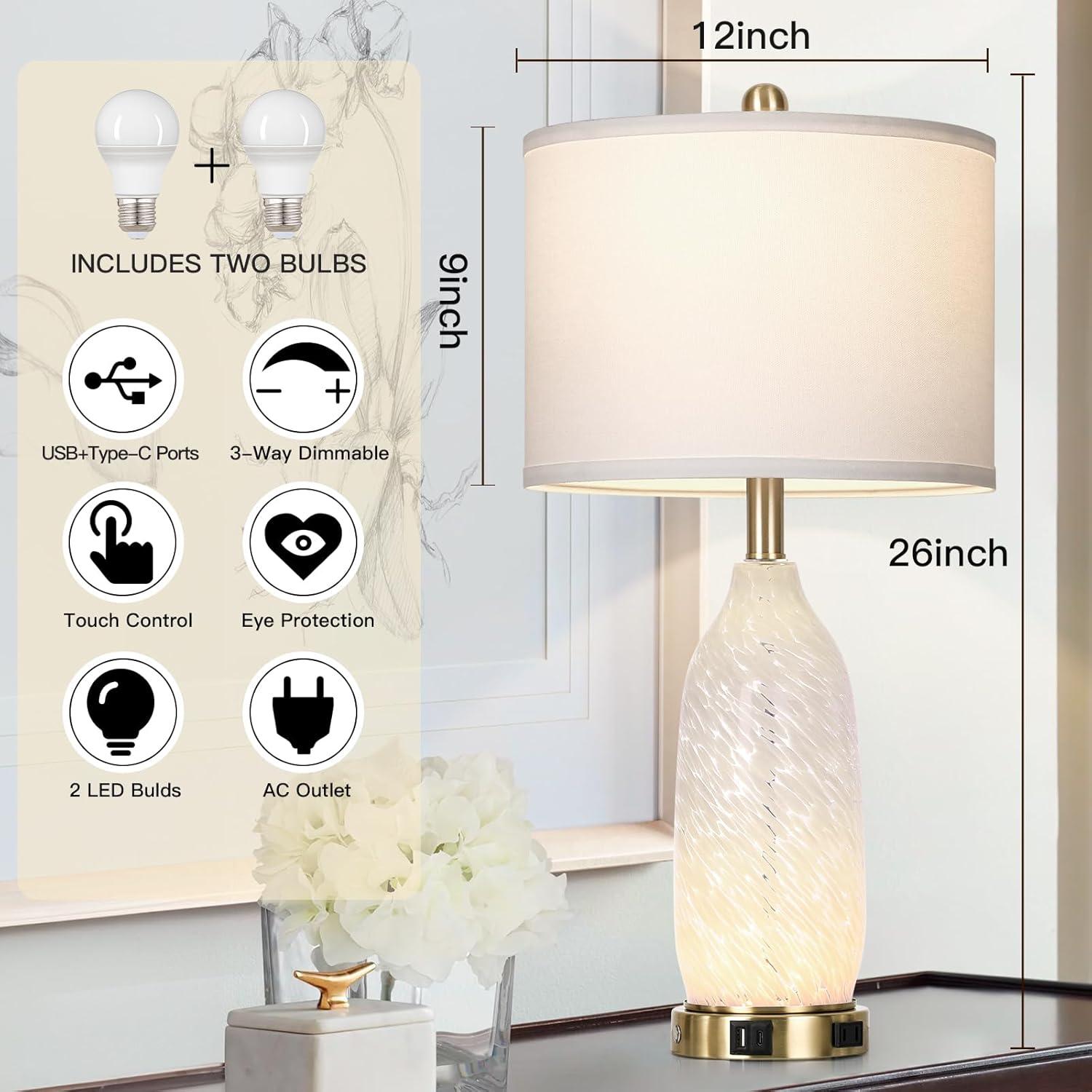 26" Modern Clear Glass Table Lamps Set Of 2,Nightstand Lamp With USB A+C Ports & AC Outlet,Bedside Lamps With 3-Way Dimmable Touch Control Night Light For Bedroom Living Room(Bulbs Included)