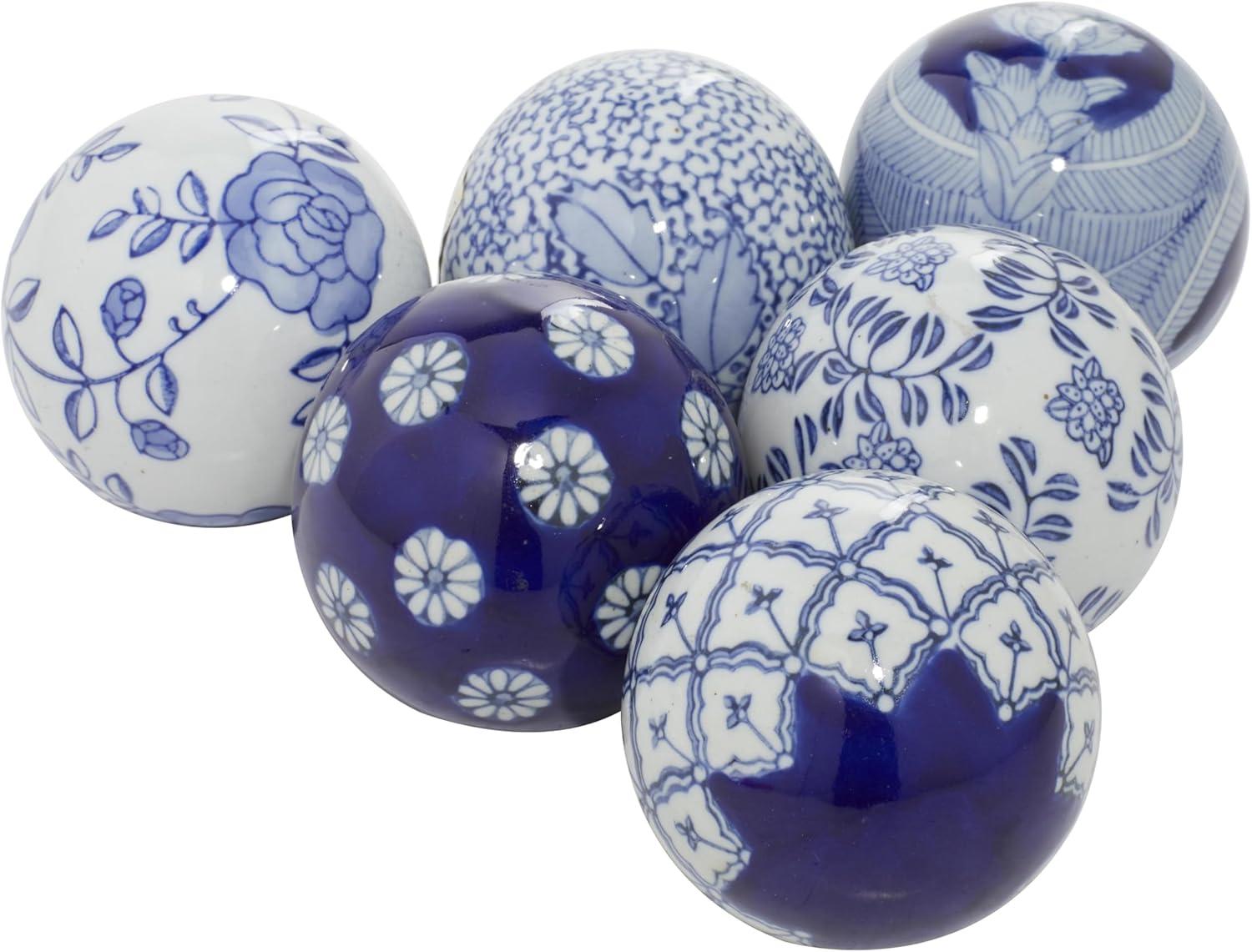 DecMode Blue 3" Floral Handmade Glossy Ceramic Orbs & Vase Filler with Varying Patterns (6 Count)