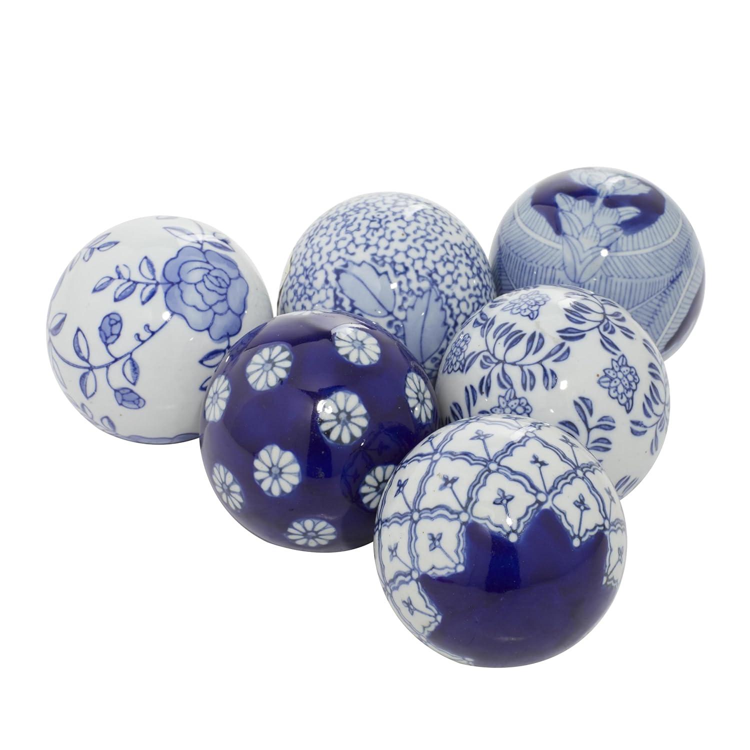 DecMode Blue 3" Floral Handmade Glossy Ceramic Orbs & Vase Filler with Varying Patterns (6 Count)
