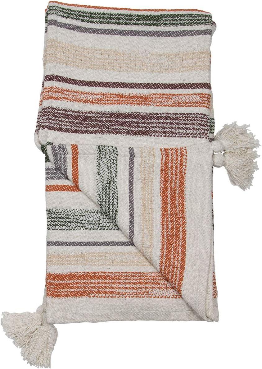 Multicolor Hand Woven 50 x 60 inch Cotton Throw Blanket with Hand Tied Tassels - Foreside Home & Garden