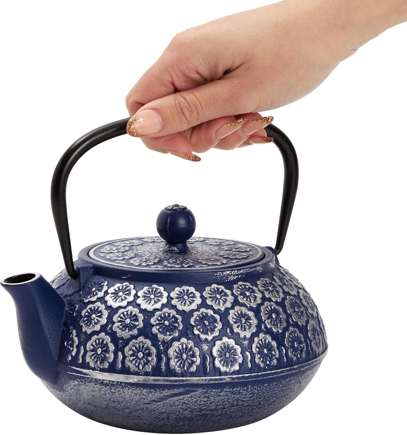 Juvale Cast Iron Tea Pot with Stainless Steel Loose Leaf Infuser, Blue, 34 oz