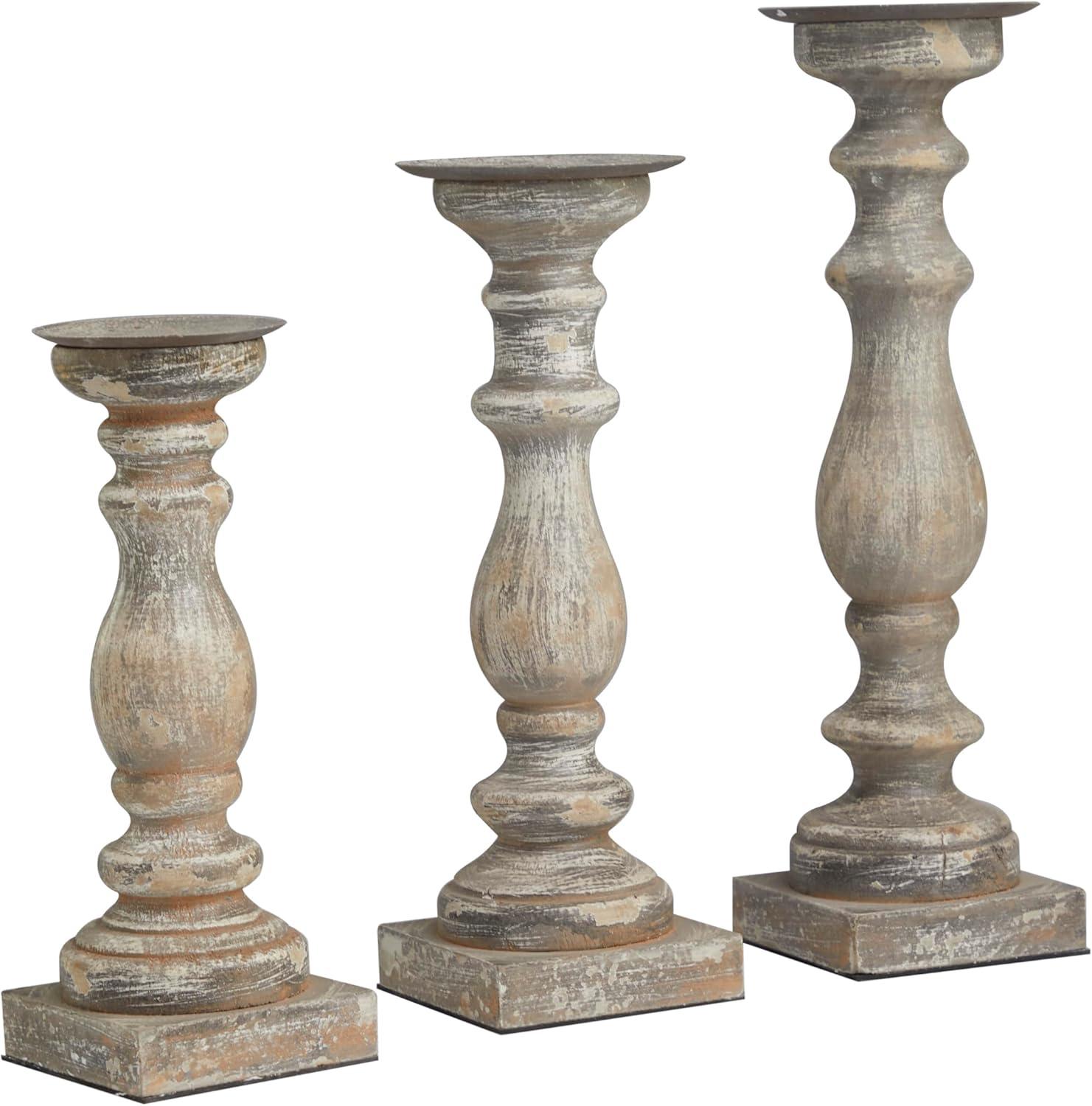 Elegant Rustic Brown Wooden Candlestick Trio, 15" Height