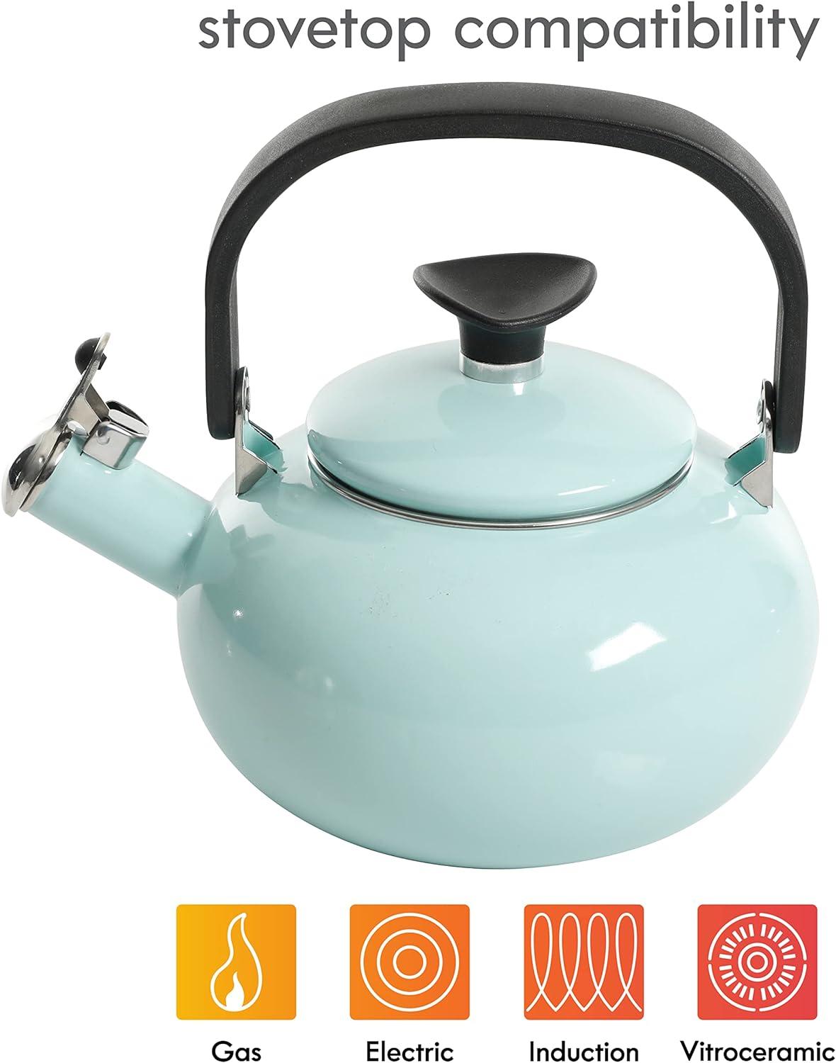 Glacier Blue Enamel 1.5-Quart Whistling Teapot with Bakelite Handle