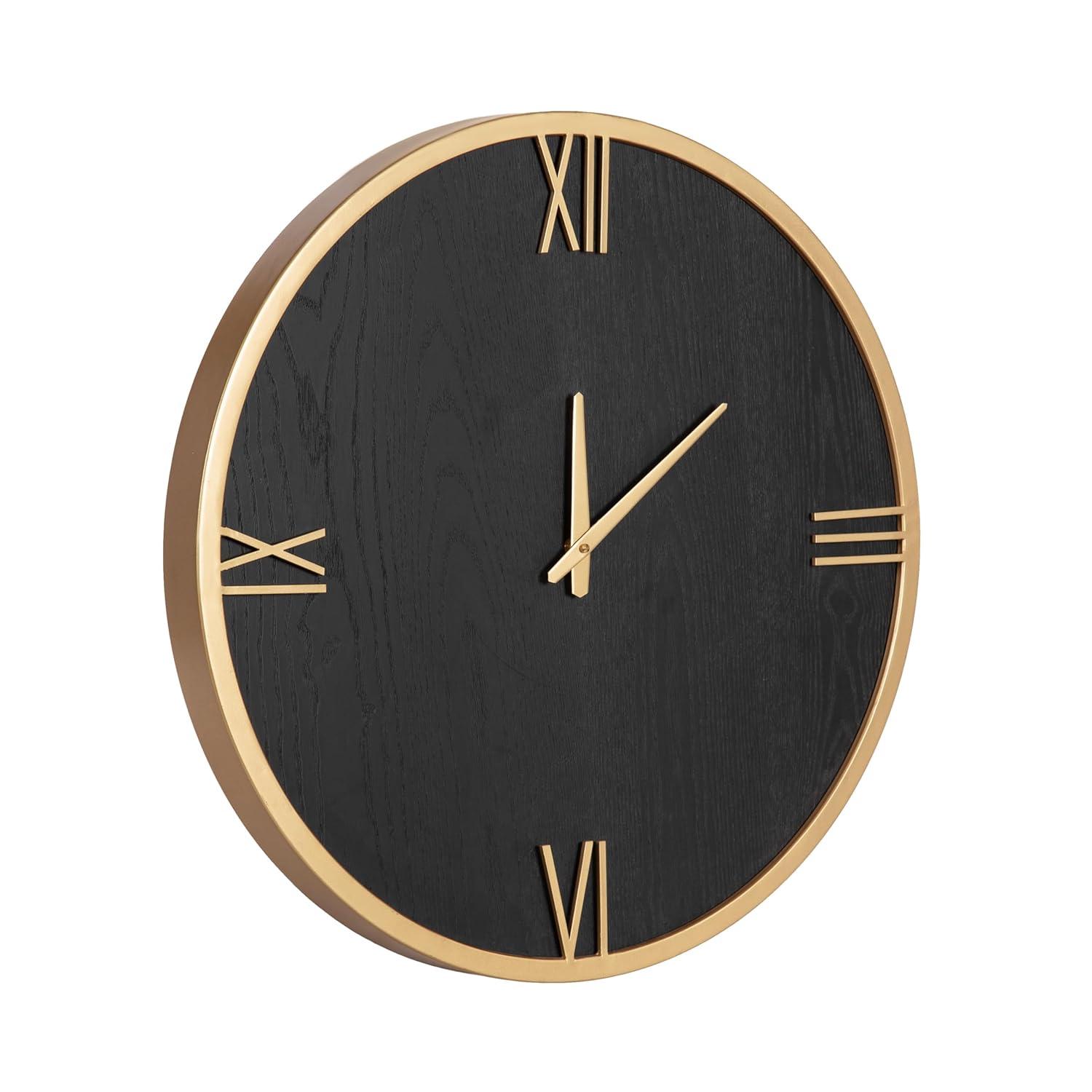 Kate and Laurel Pronte Modern Round Wood and Metal Wall Clock, 22 Inch Diameter, Black and Gold, Decorative Minimal Clock for Bedroom, Entryway, or Living Room Decor