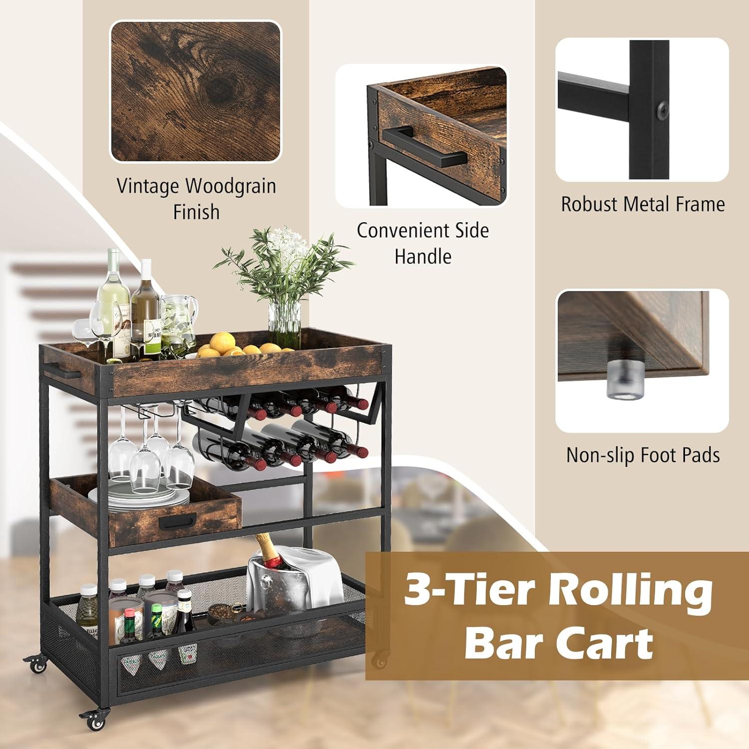 Giantex -Tier Rolling Bar Cart, Industrial Buffet Serving Trolley Cart w/Wine Rack, Stemware Rack & Removable Tray, Mobile Liquor Beverage Cart